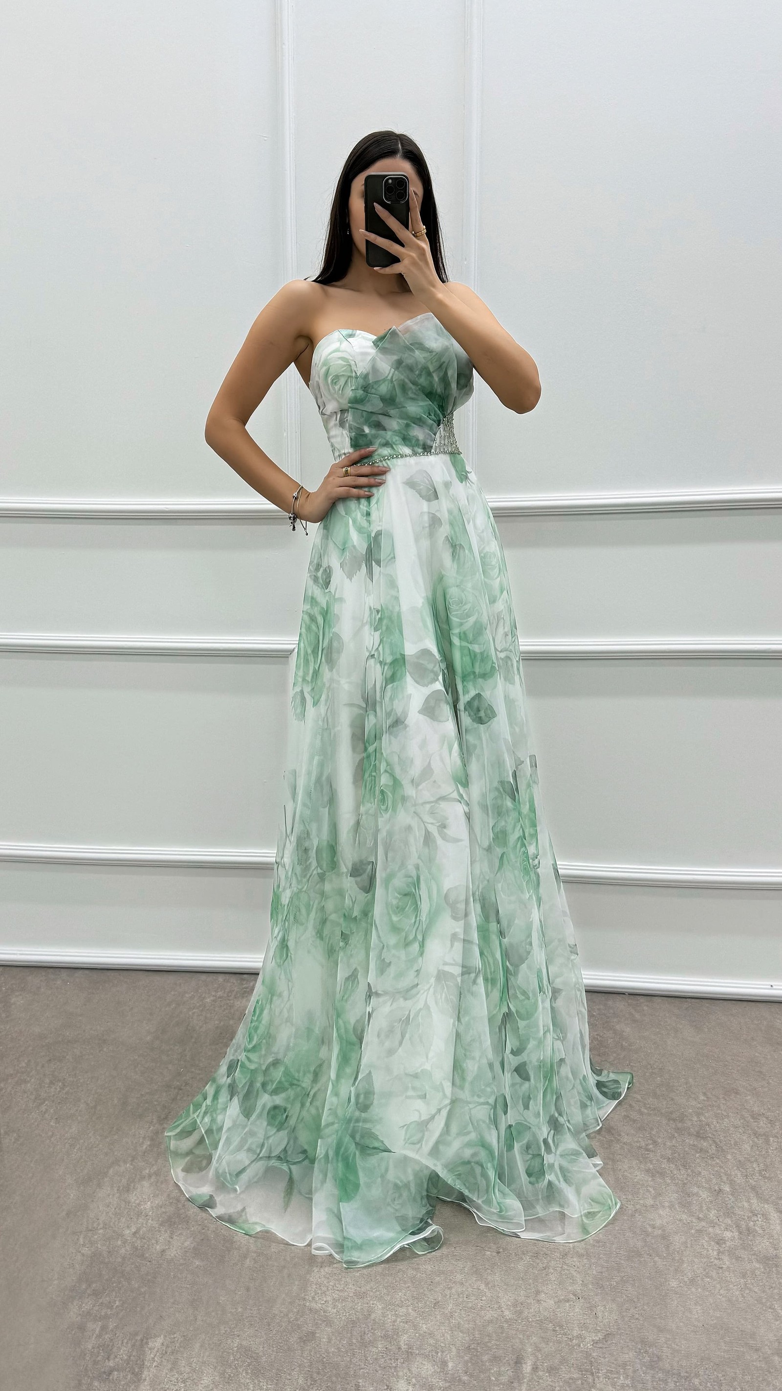 FUCHSIA STRAPLESS PATTERNED CHEST DETAIL CHIFFON DRESS