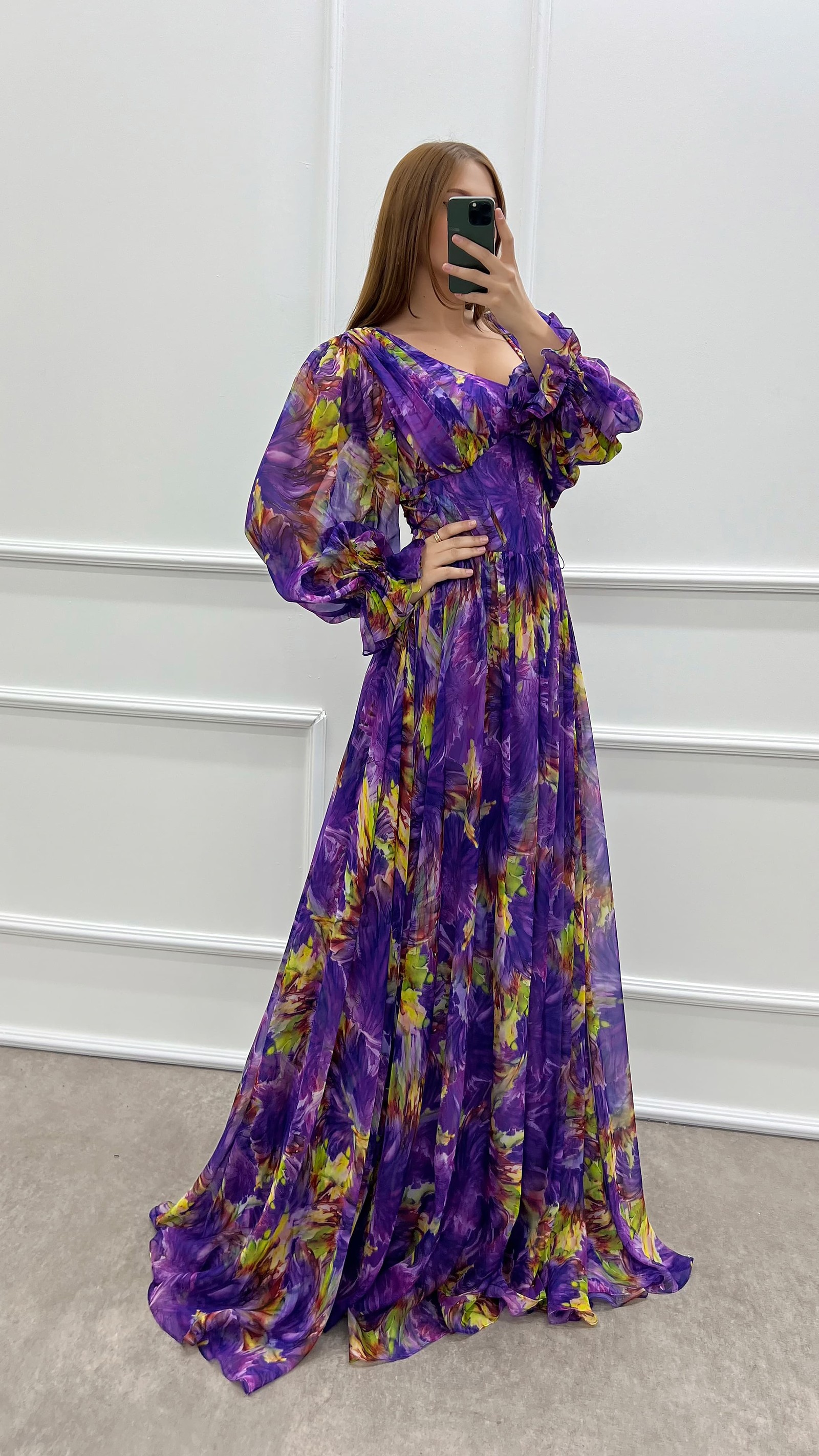 PURPLE BALLOON SLEEVE PATTERNED CHIFFON PLUS SIZE DRESS