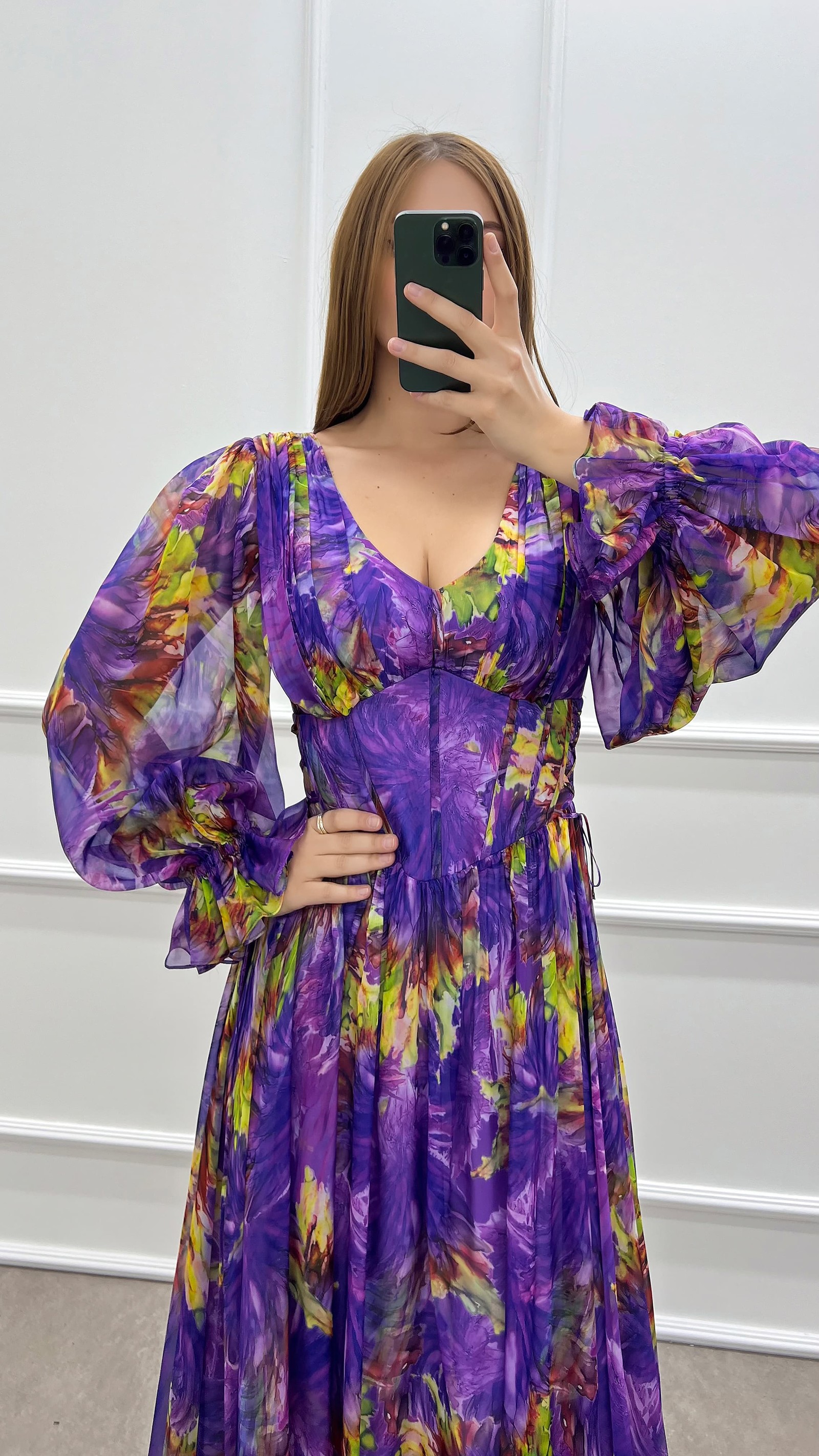 PURPLE BALLOON SLEEVE PATTERNED CHIFFON PLUS SIZE DRESS