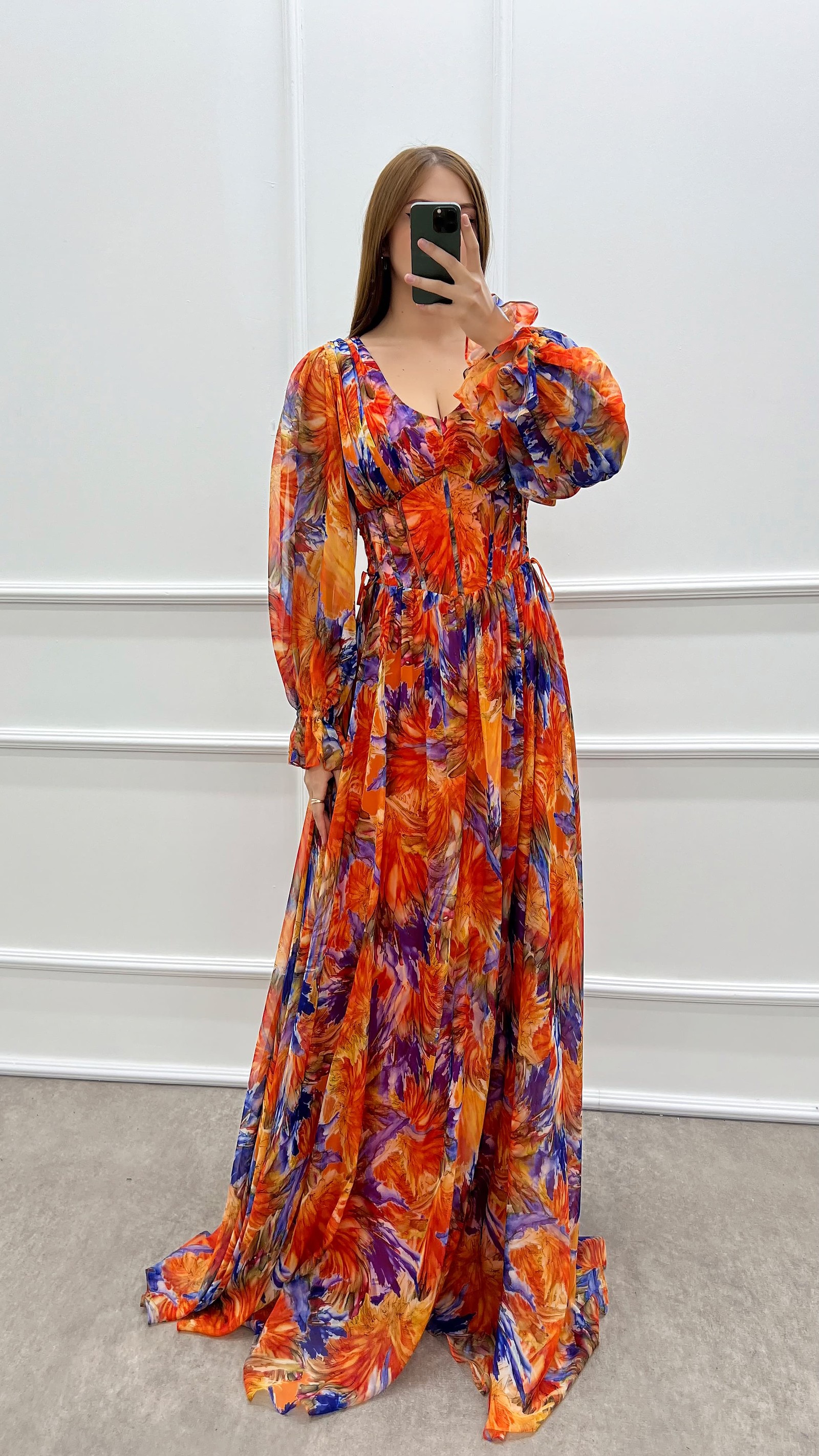 PURPLE BALLOON SLEEVE PATTERNED CHIFFON PLUS SIZE DRESS