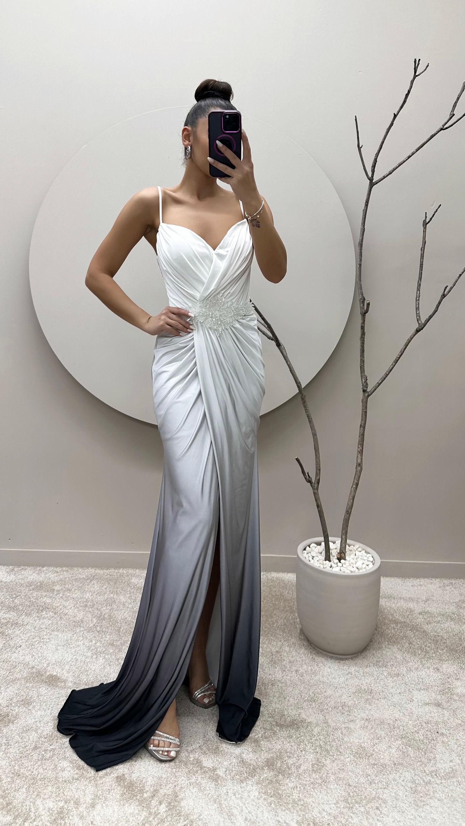 WHITE ROPE STRAP WAIST STONE EVENING DRESS