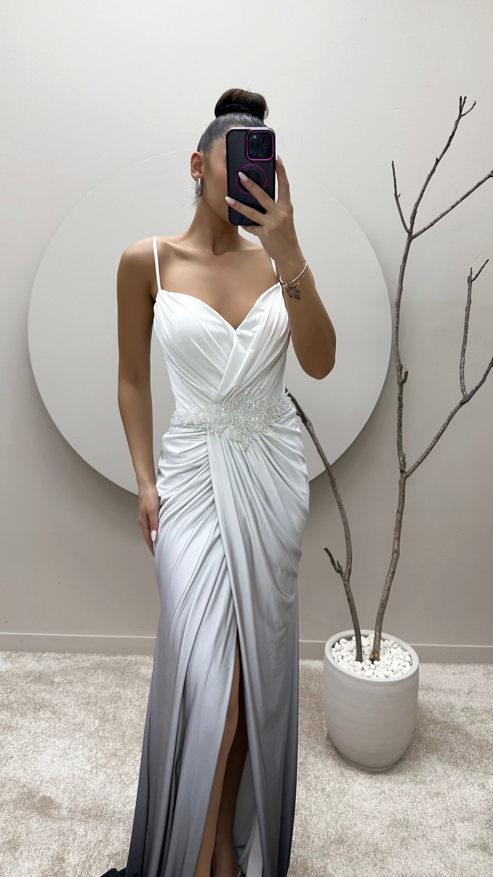 WHITE ROPE STRAP WAIST STONE EVENING DRESS