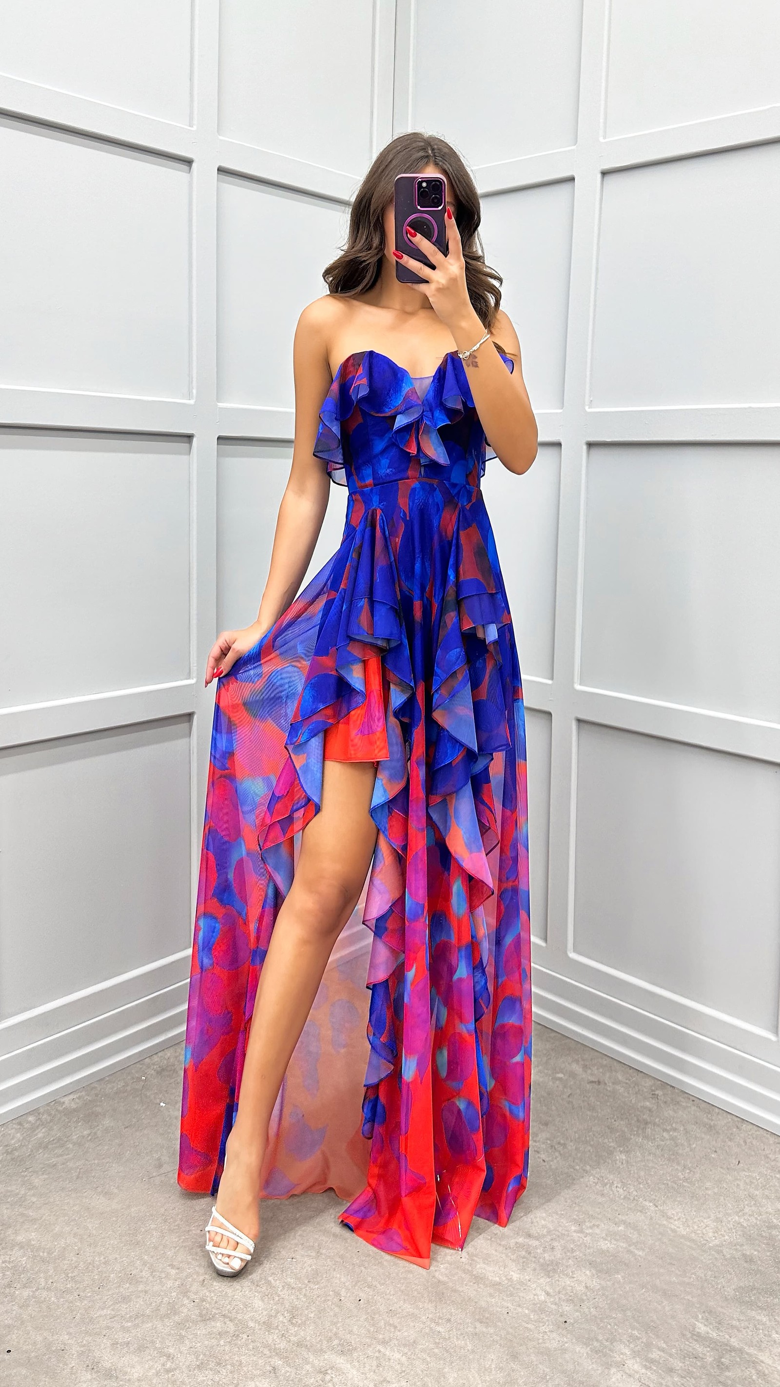 SAKS STRAPLESS FLOUNCE EVENING DRESS