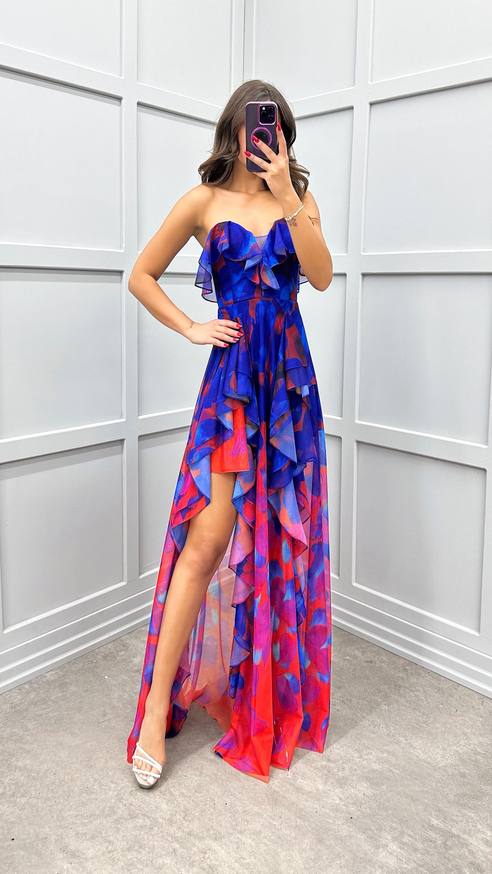 SAKS STRAPLESS FLOUNCE EVENING DRESS