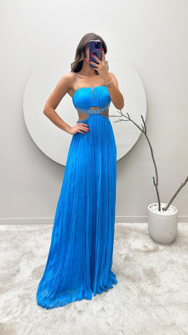 BLUE ROPE STRAP WAIST STONE EMBROIDERED EVENING DRESS