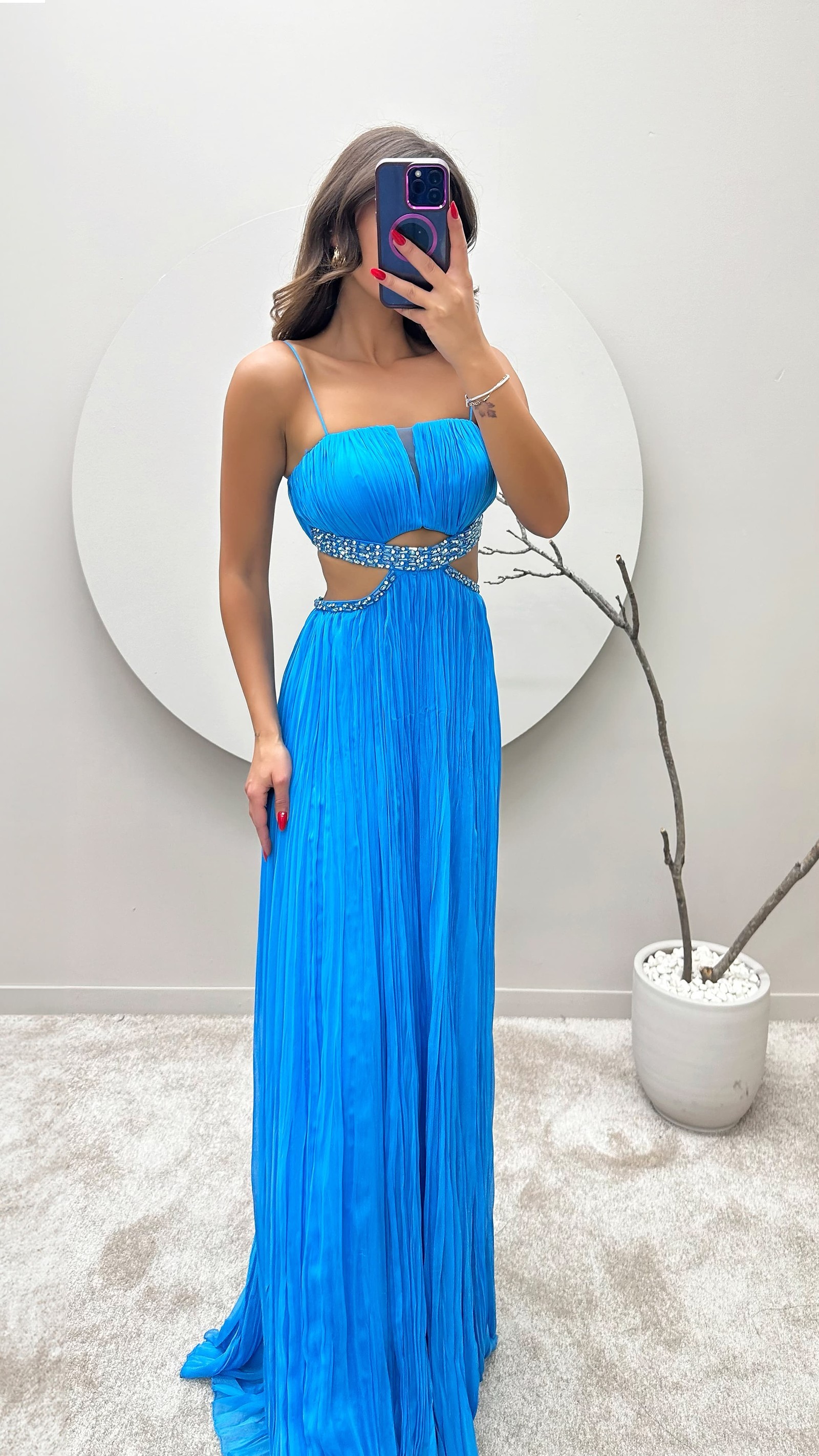 BLUE ROPE STRAP WAIST STONE EMBROIDERED EVENING DRESS