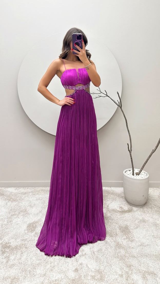 BLUE ROPE STRAP WAIST STONE EMBROIDERED EVENING DRESS