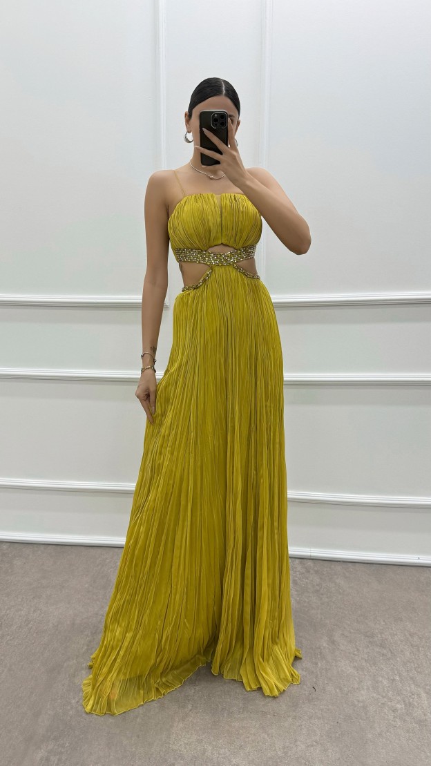 BLUE ROPE STRAP WAIST STONE EMBROIDERED EVENING DRESS