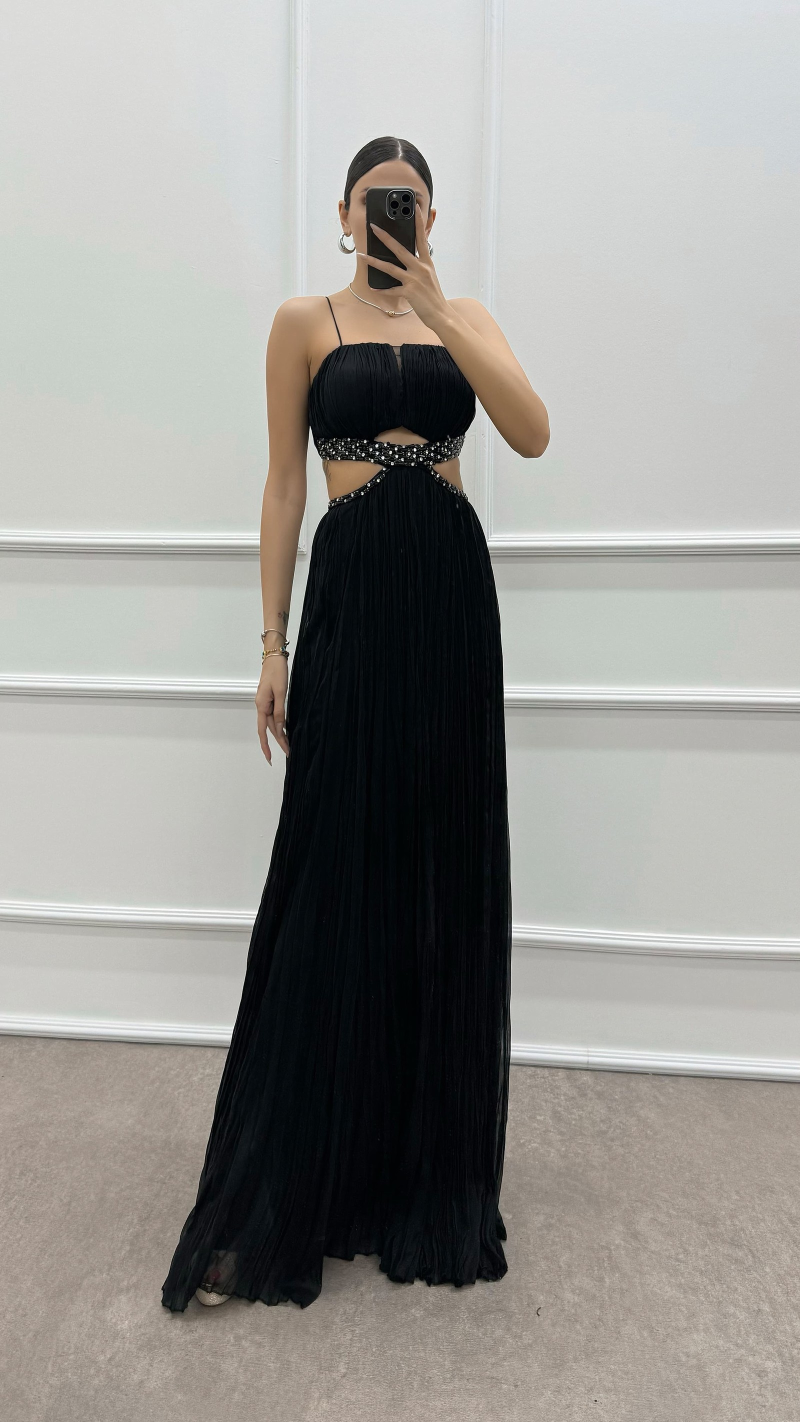 BLUE ROPE STRAP WAIST STONE EMBROIDERED EVENING DRESS