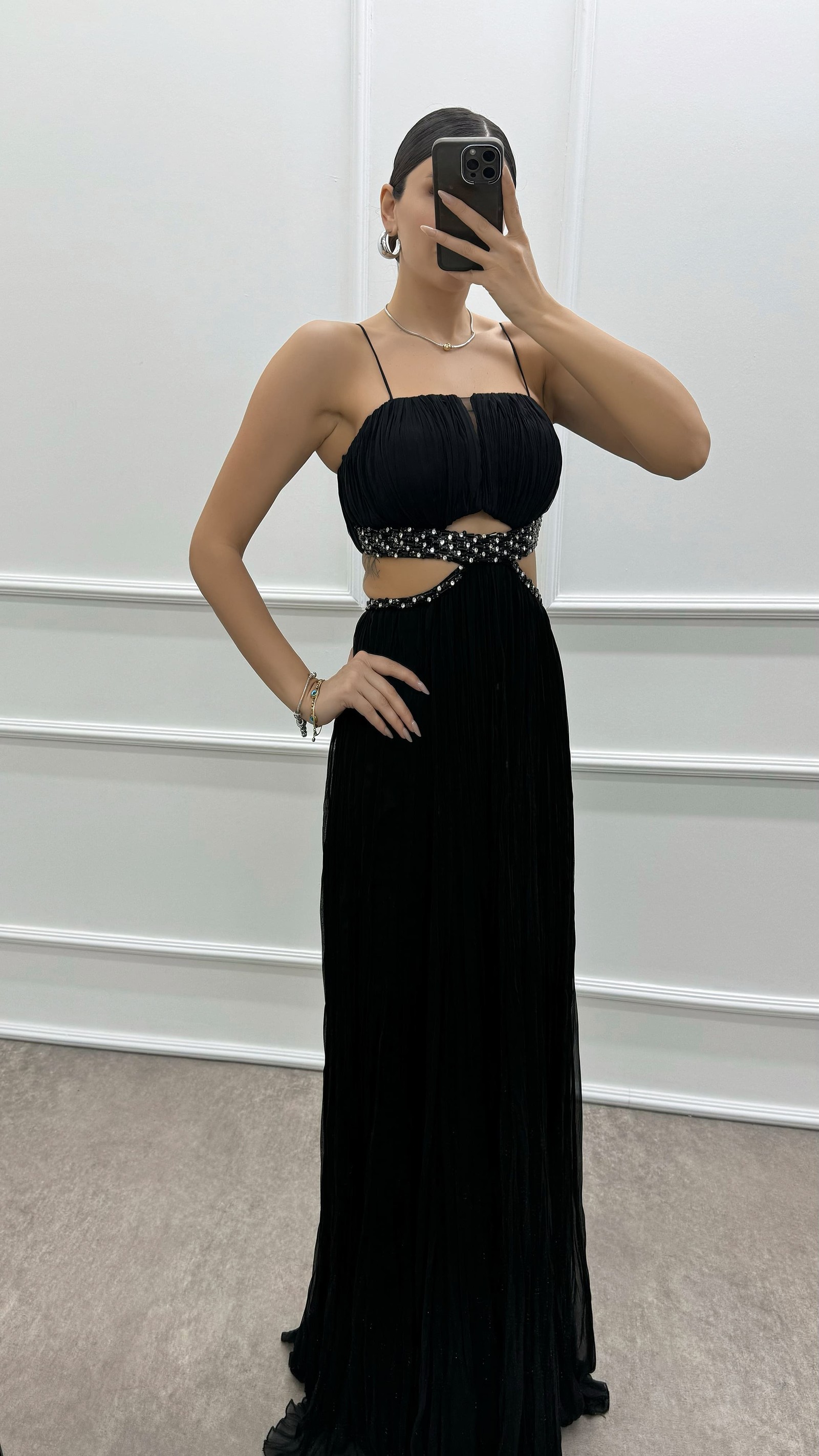 BLUE ROPE STRAP WAIST STONE EMBROIDERED EVENING DRESS