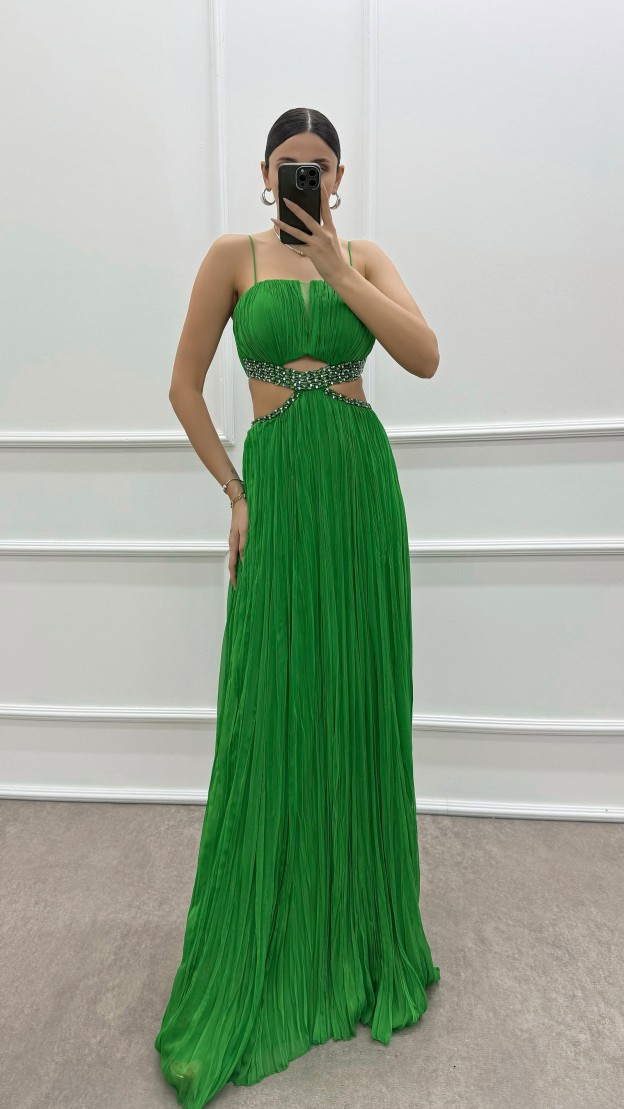 BLUE ROPE STRAP WAIST STONE EMBROIDERED EVENING DRESS