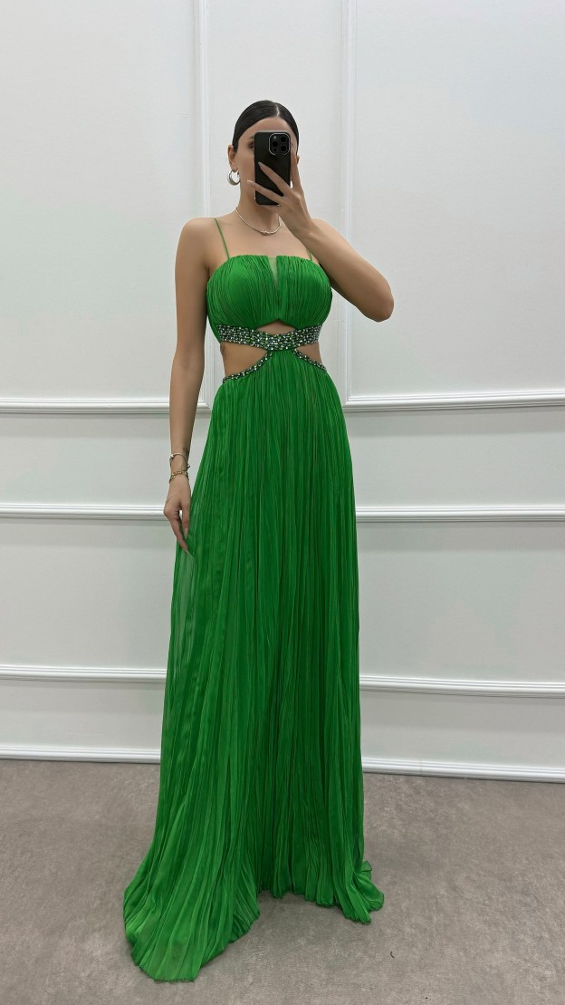 BLUE ROPE STRAP WAIST STONE EMBROIDERED EVENING DRESS