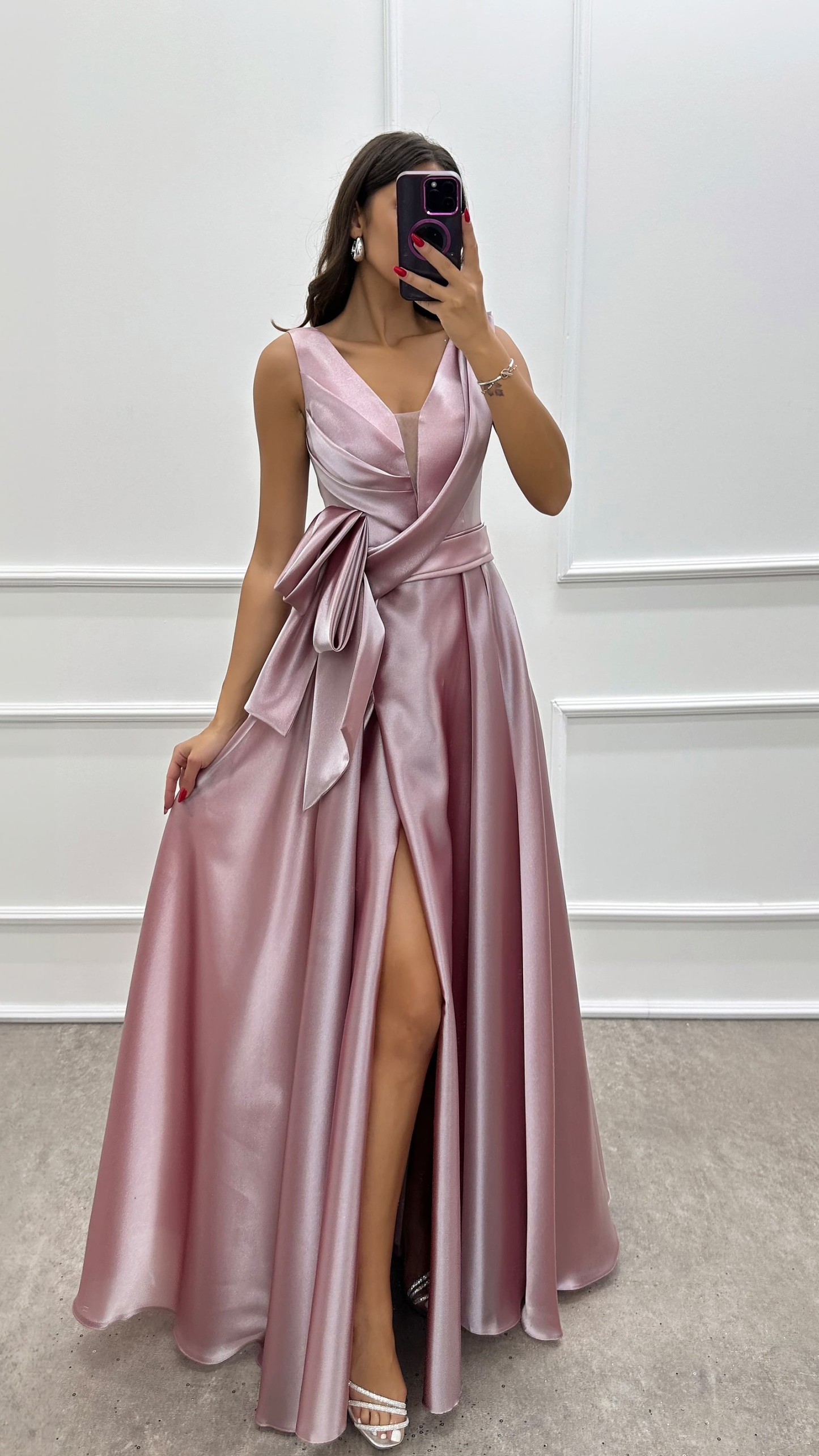 CHEST ASYMMETRICAL CUT WAIST DETAIL SATIN DRESS
