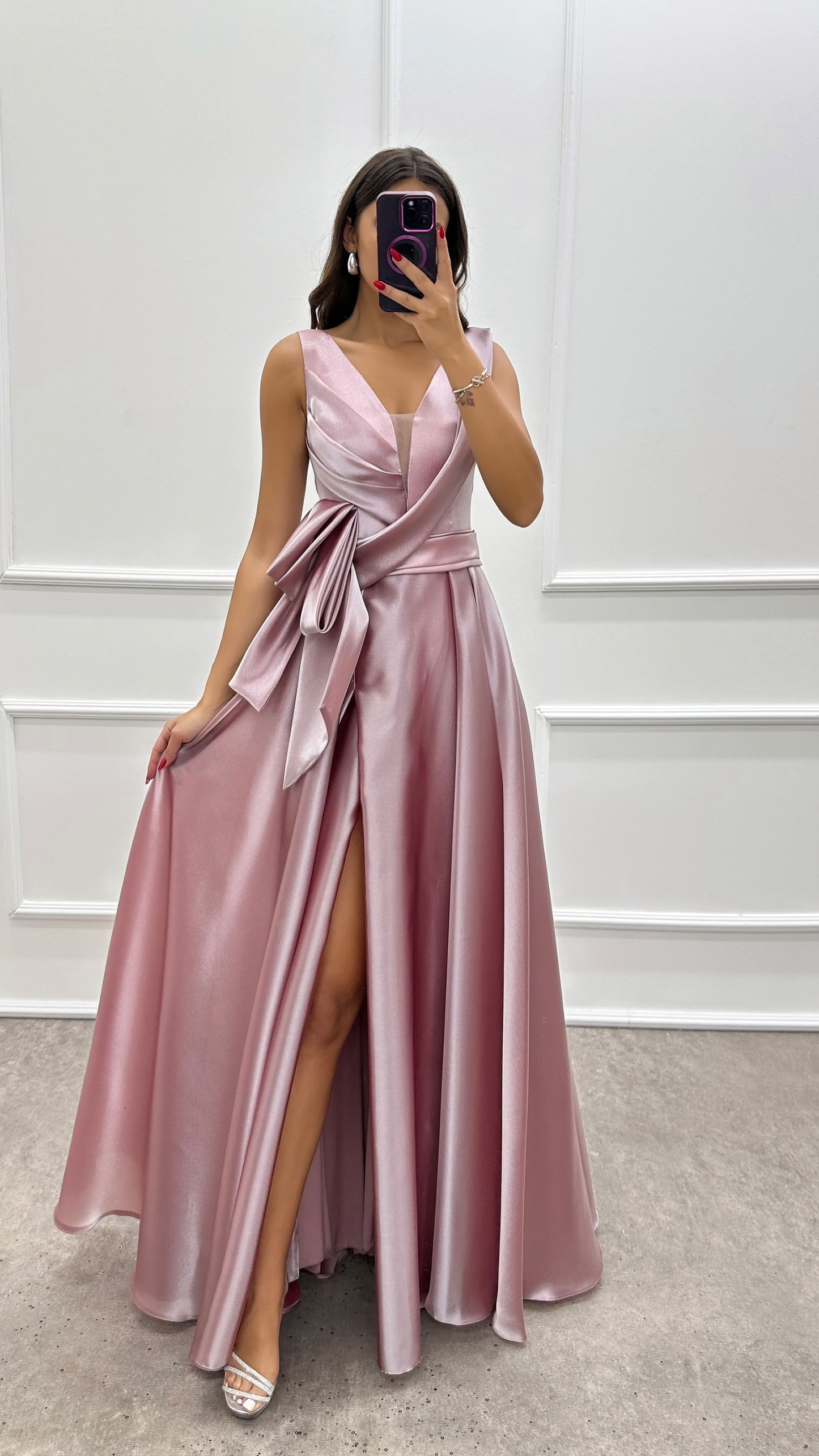 CHEST ASYMMETRICAL CUT WAIST DETAIL SATIN DRESS