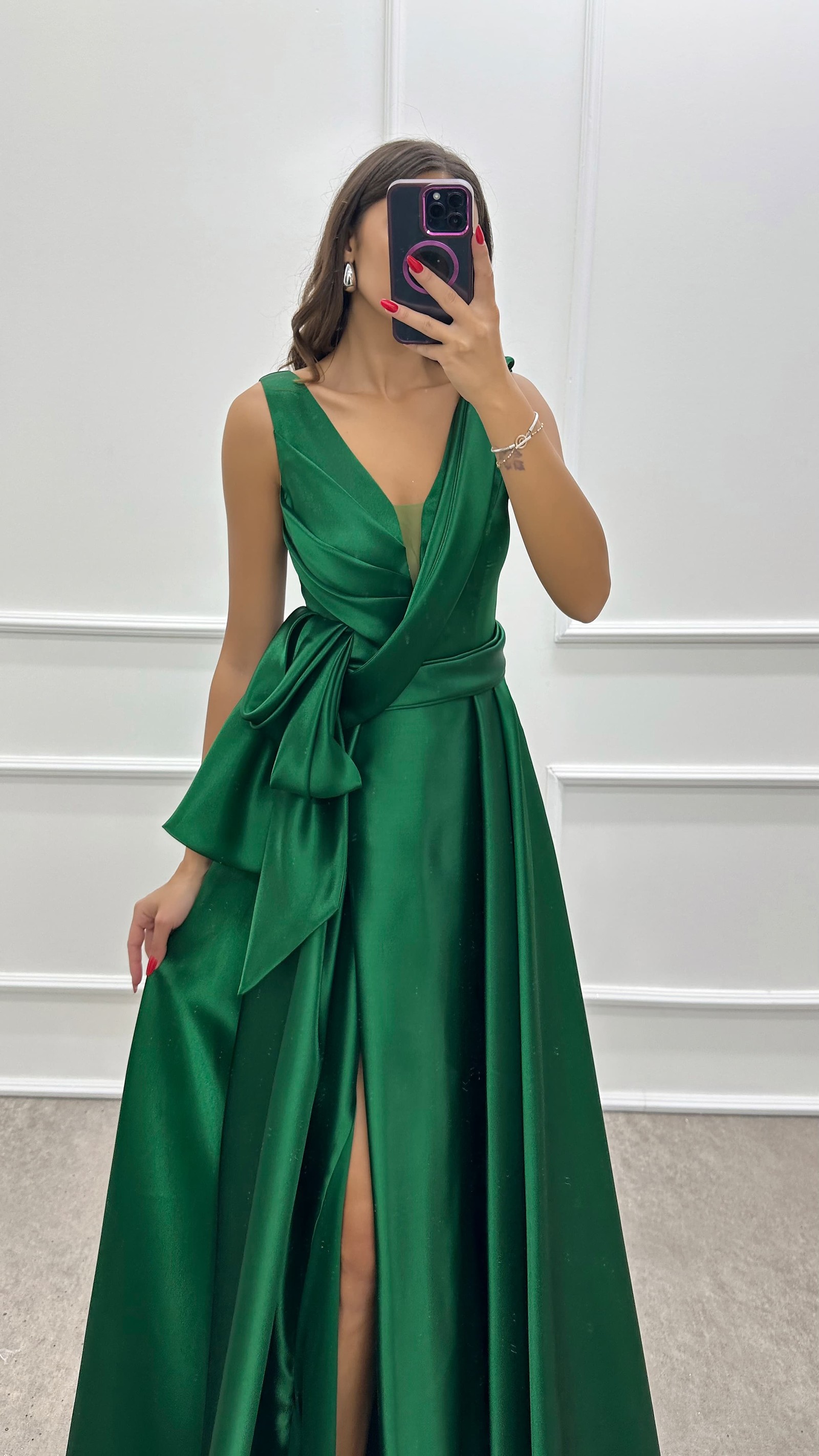 CHEST ASYMMETRICAL CUT WAIST DETAIL SATIN DRESS