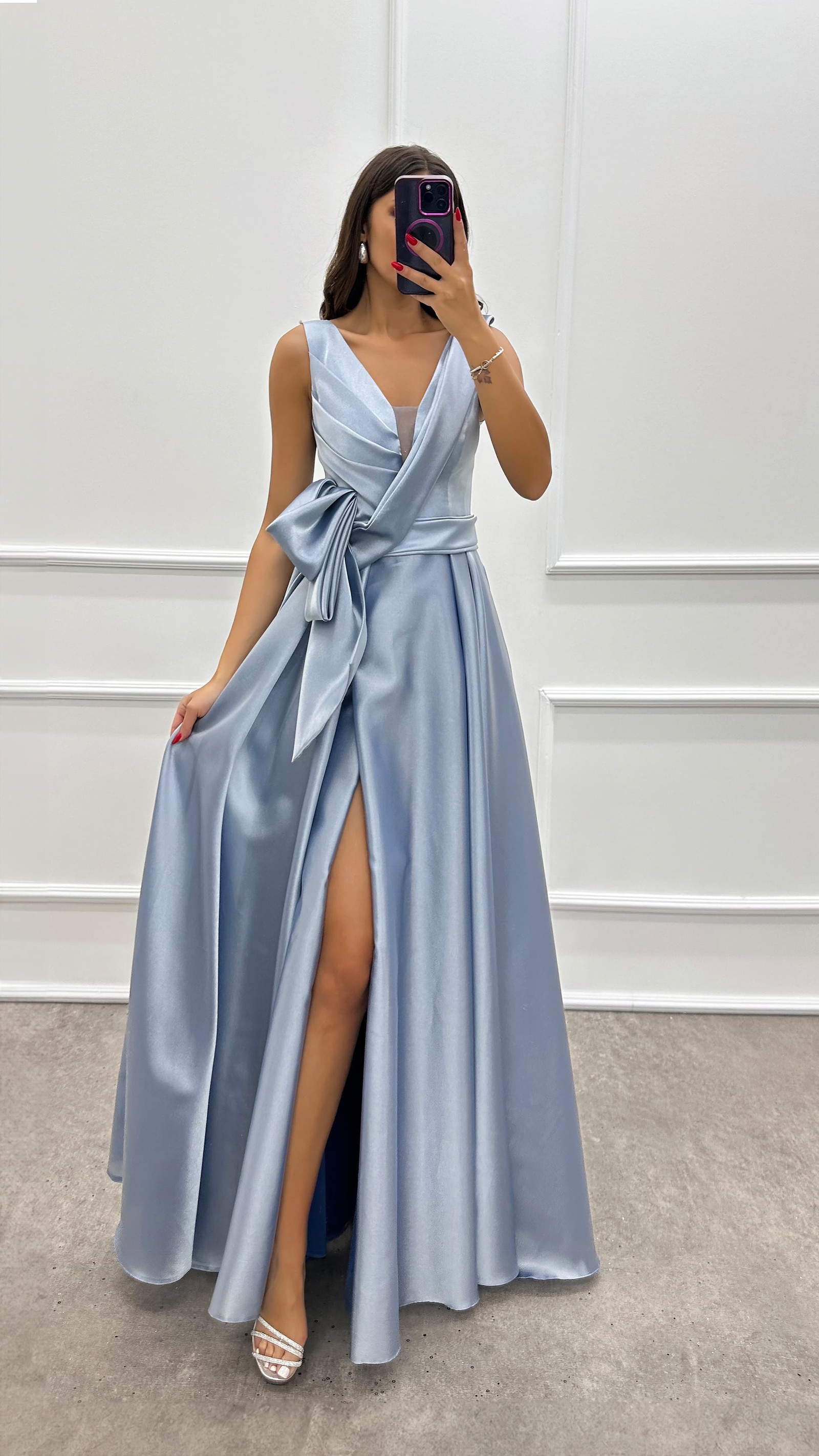 CHEST ASYMMETRICAL CUT WAIST DETAIL SATIN DRESS
