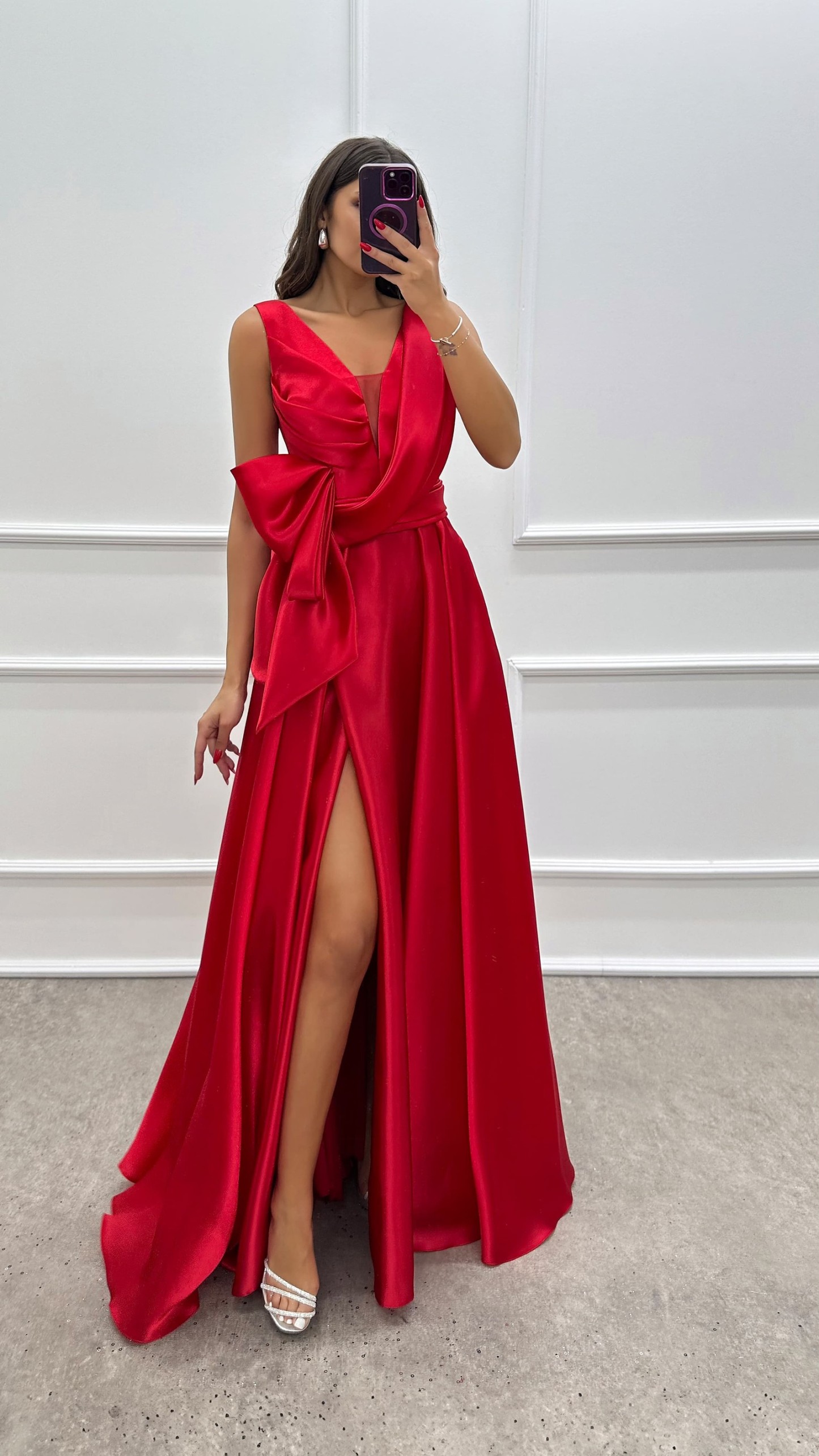 CHEST ASYMMETRICAL CUT WAIST DETAIL SATIN DRESS