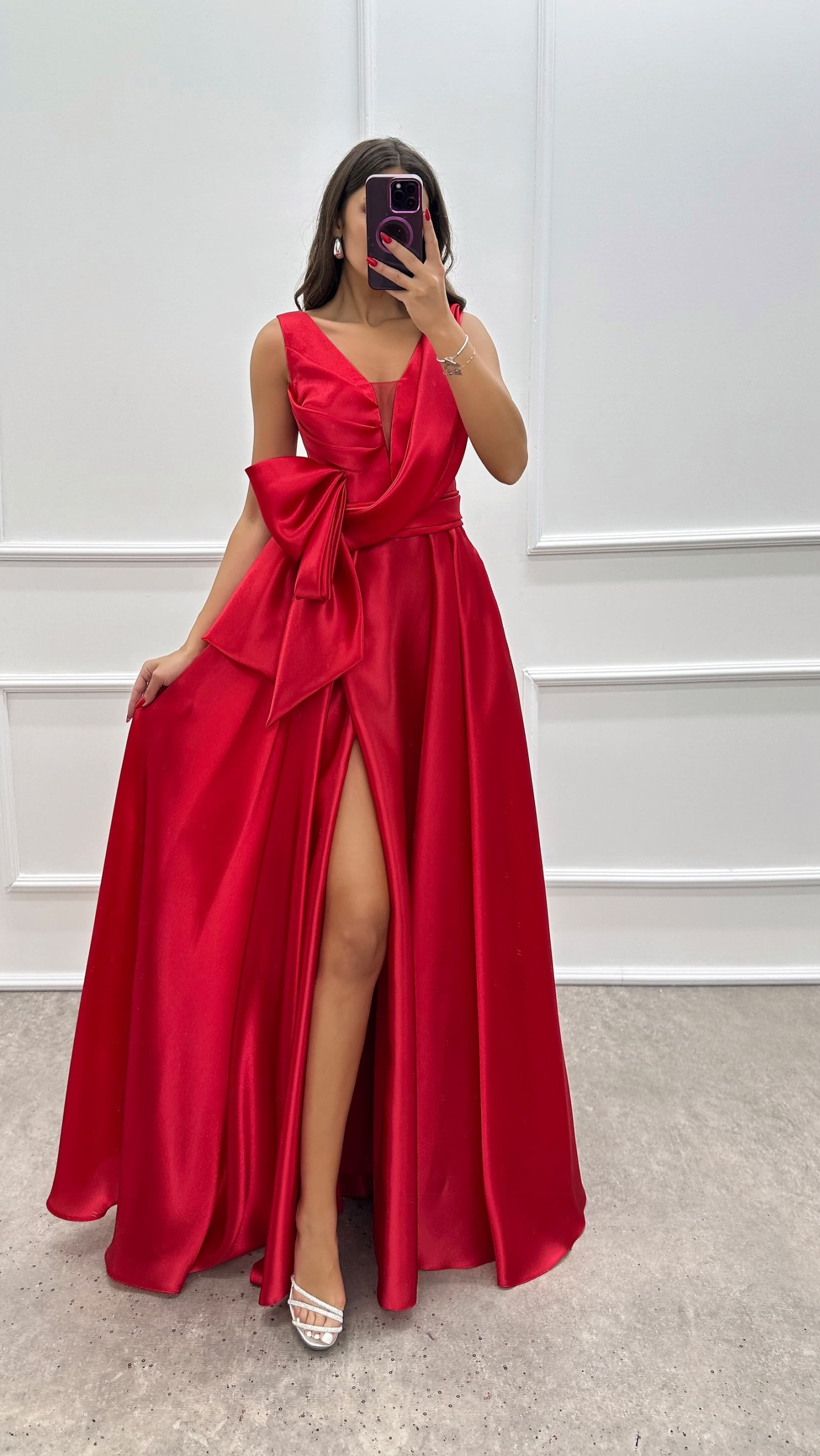 CHEST ASYMMETRICAL CUT WAIST DETAIL SATIN DRESS