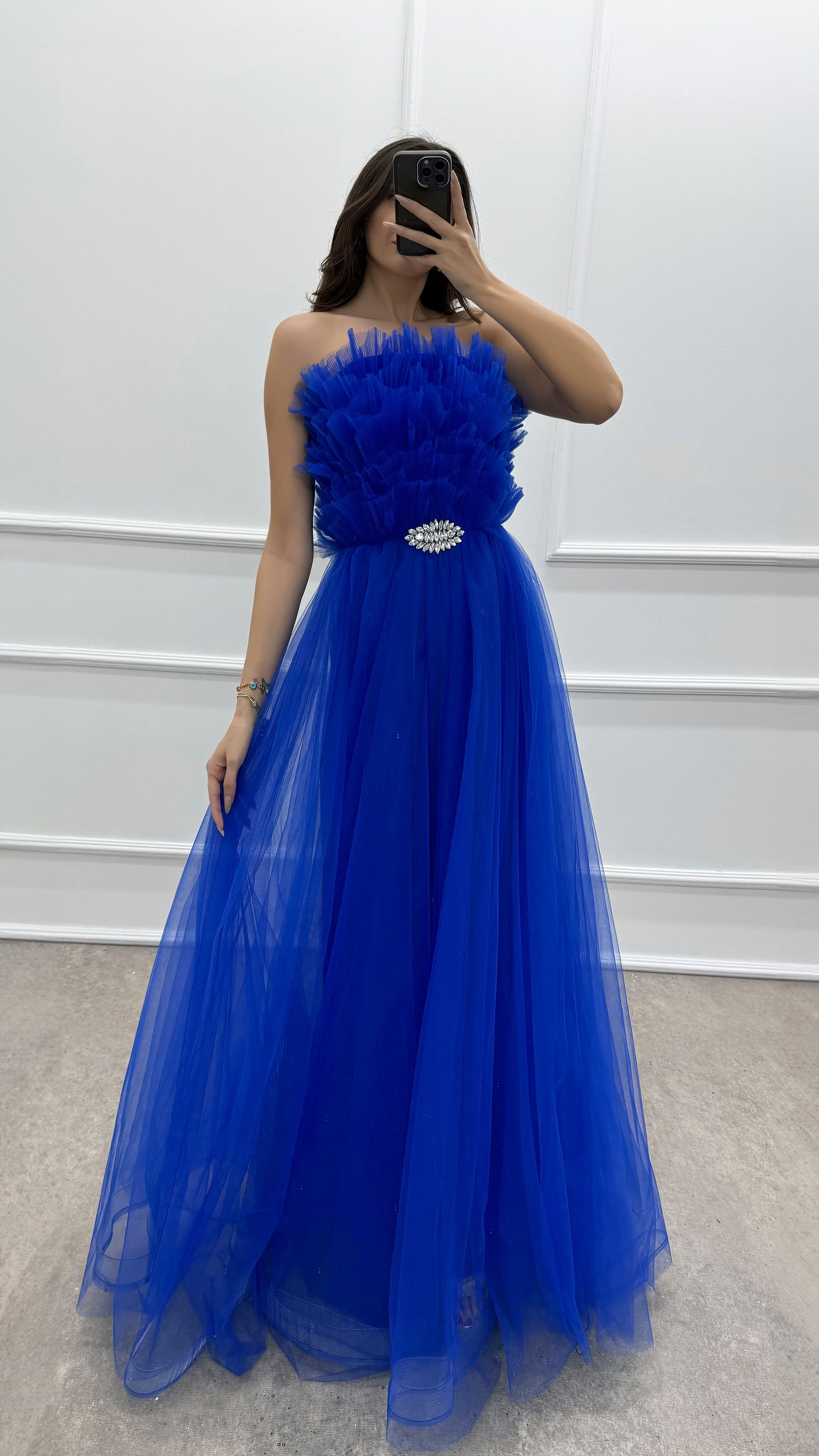 YELLOW STRAPLESS CHEST DETAIL BROOCH TULLE DRESS