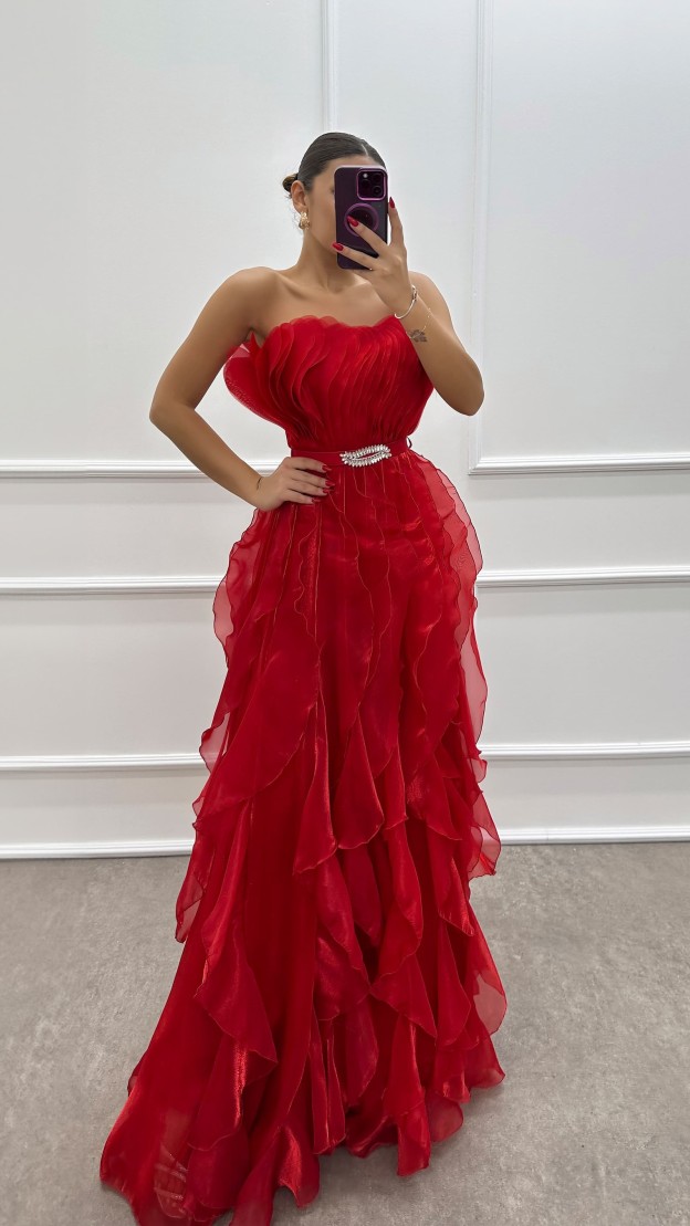 ORANGE STRAPLESS FLYWHEEL DETAIL BELTED EVENING DRESS