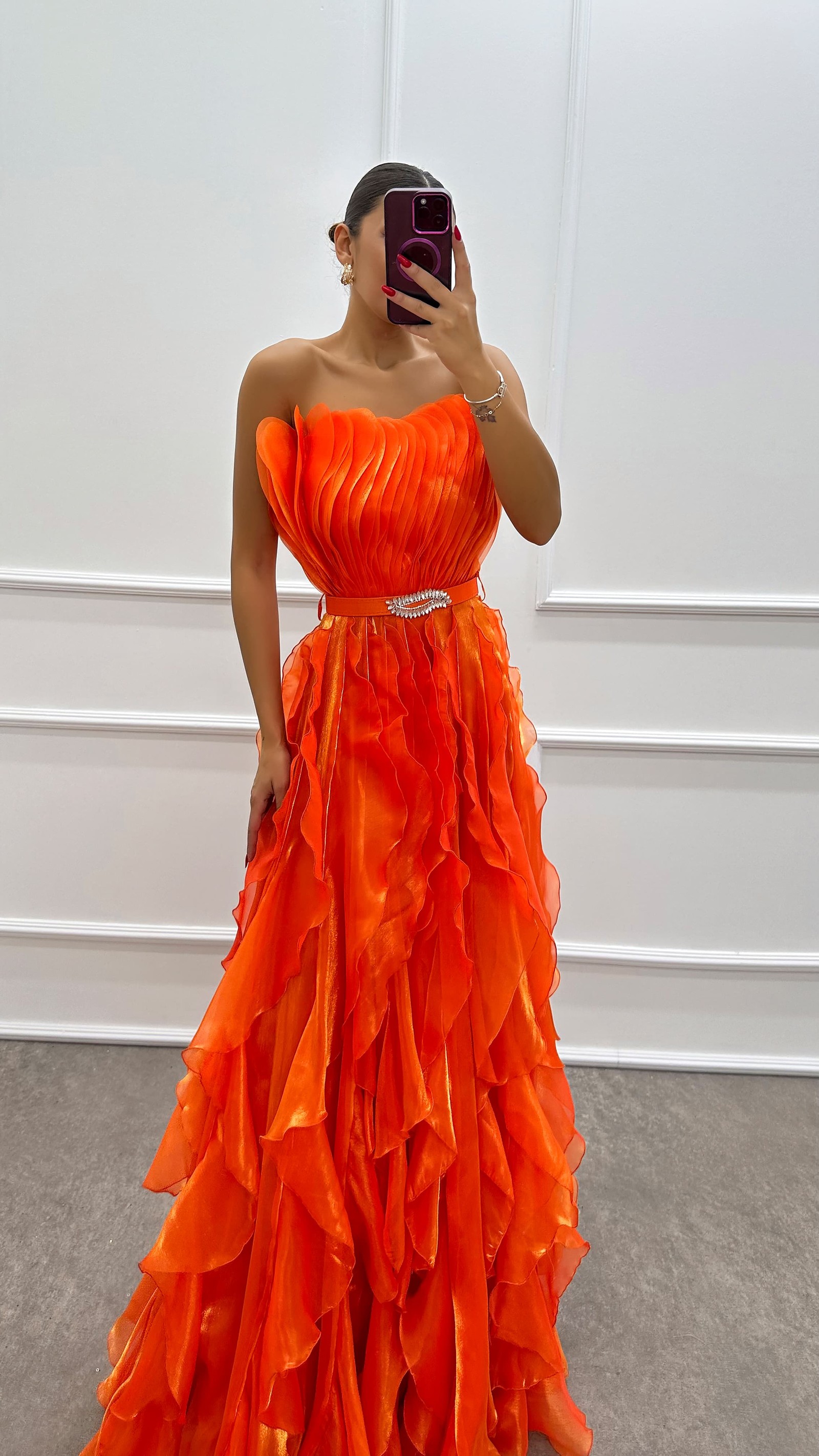 STRAPLESS FLYWHEEL DETAIL BELTED EVENING DRESS