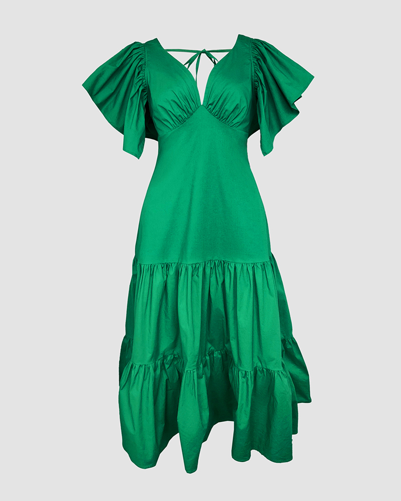 V-Neck Ruffles Flutter Sleeve Zipper Back Dress Casual Backless Tied Back Ruffle Hem Maxi Dress