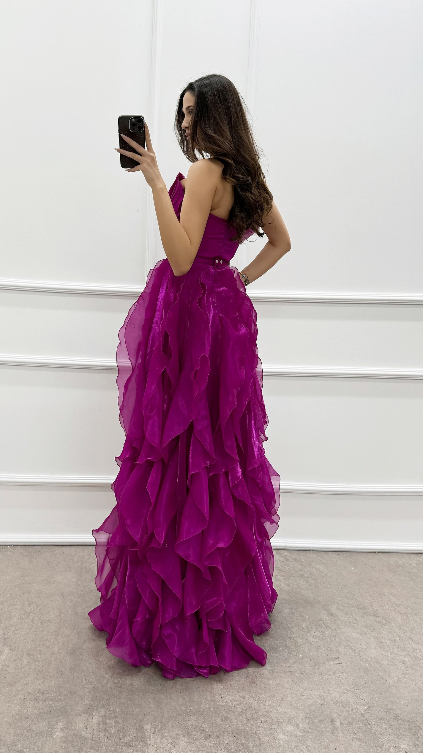 ORANGE STRAPLESS FLYWHEEL DETAIL BELTED EVENING DRESS