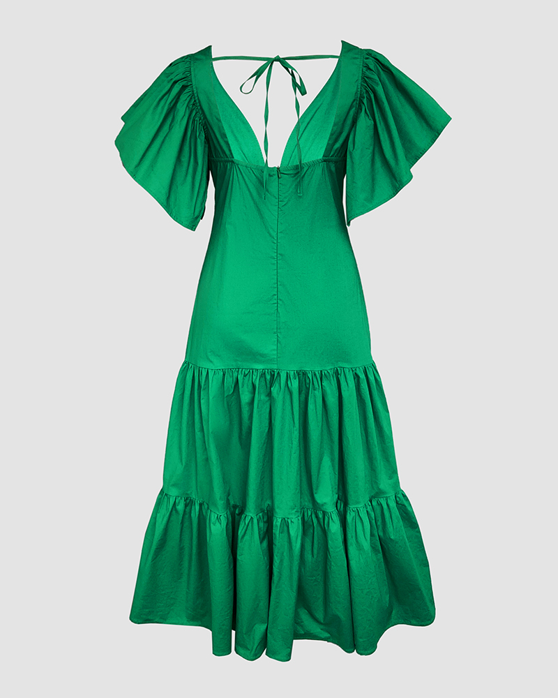 V-Neck Ruffles Flutter Sleeve Zipper Back Dress Casual Backless Tied Back Ruffle Hem Maxi Dress