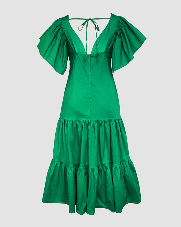 V-Neck Ruffles Flutter Sleeve Zipper Back Dress Casual Backless Tied Back Ruffle Hem Maxi Dress