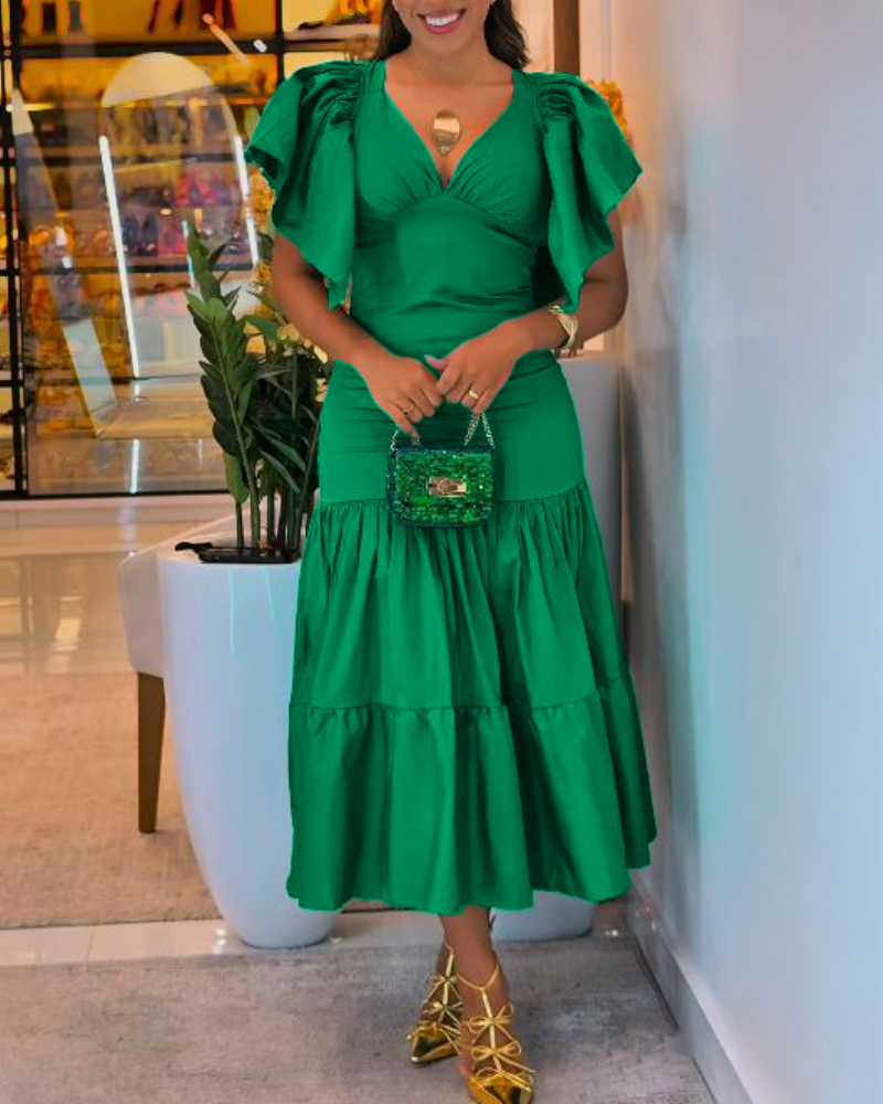 V-Neck Ruffles Flutter Sleeve Zipper Back Dress Casual Backless Tied Back Ruffle Hem Maxi Dress