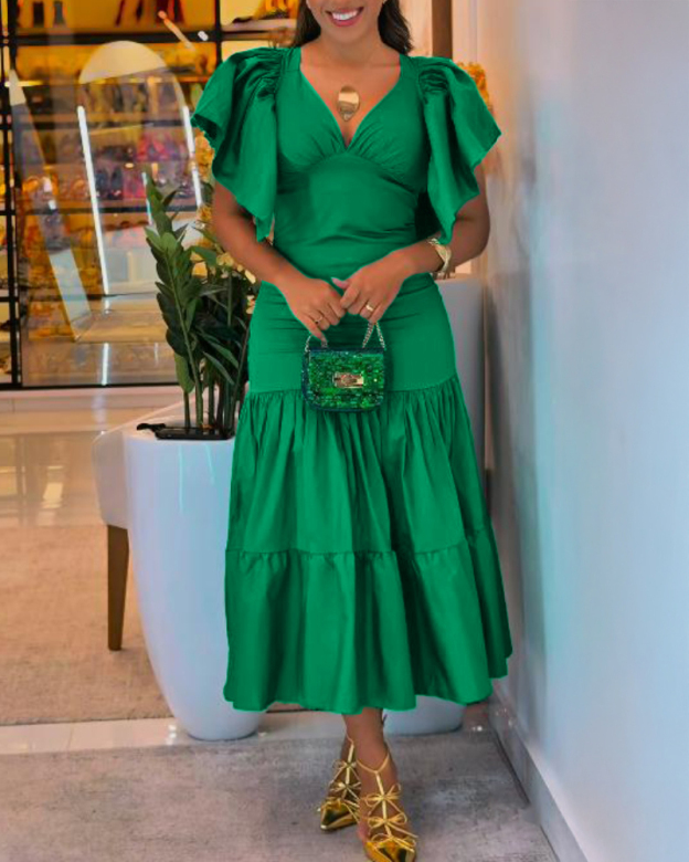 V-Neck Ruffles Flutter Sleeve Zipper Back Dress Casual Backless Tied Back Ruffle Hem Maxi Dress