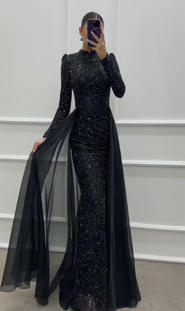 BLACK GALAXY GLITTER GOWN WITH ELEGANT TRAIN DETAIL