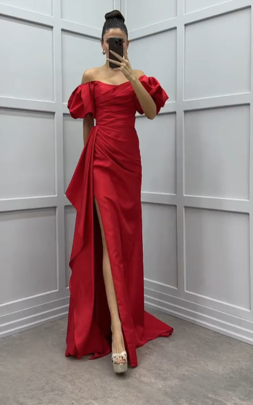 Red Bubble Sleeve Cinched Waist Pleated Long Dress