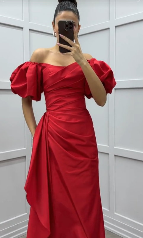 Red Bubble Sleeve Cinched Waist Pleated Long Dress