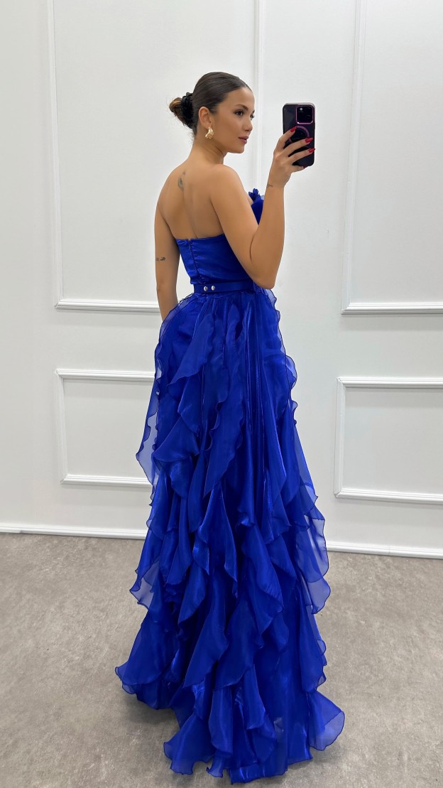 ORANGE STRAPLESS FLYWHEEL DETAIL BELTED EVENING DRESS