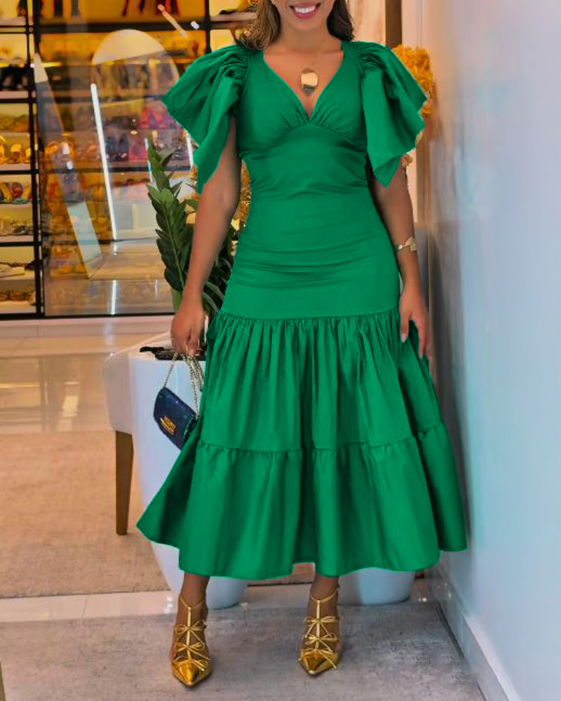 V-Neck Ruffles Flutter Sleeve Zipper Back Dress Casual Backless Tied Back Ruffle Hem Maxi Dress