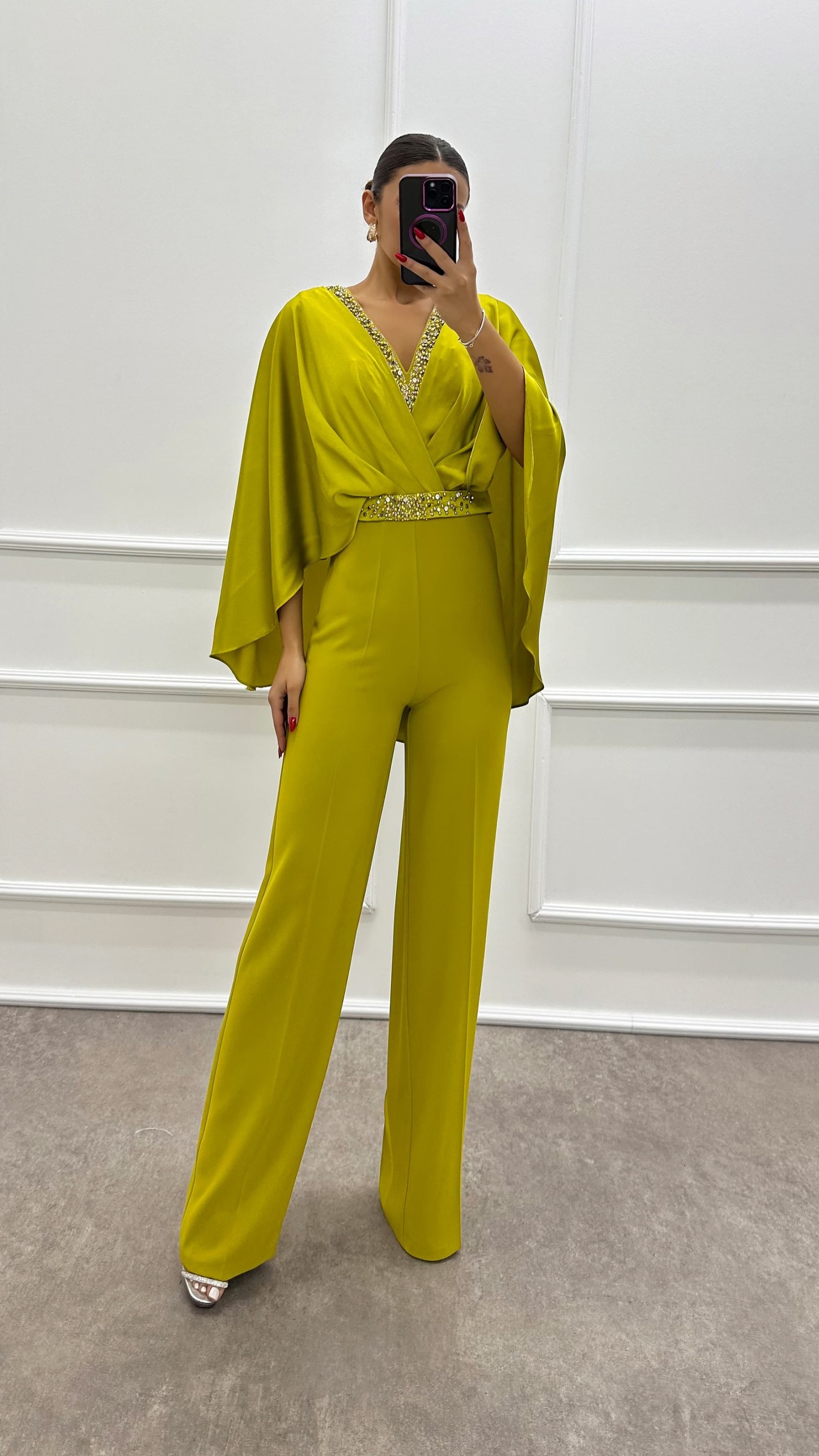 INDIGO DOUBLE-BREASTED COLLAR CAPE STONE JUMPSUIT