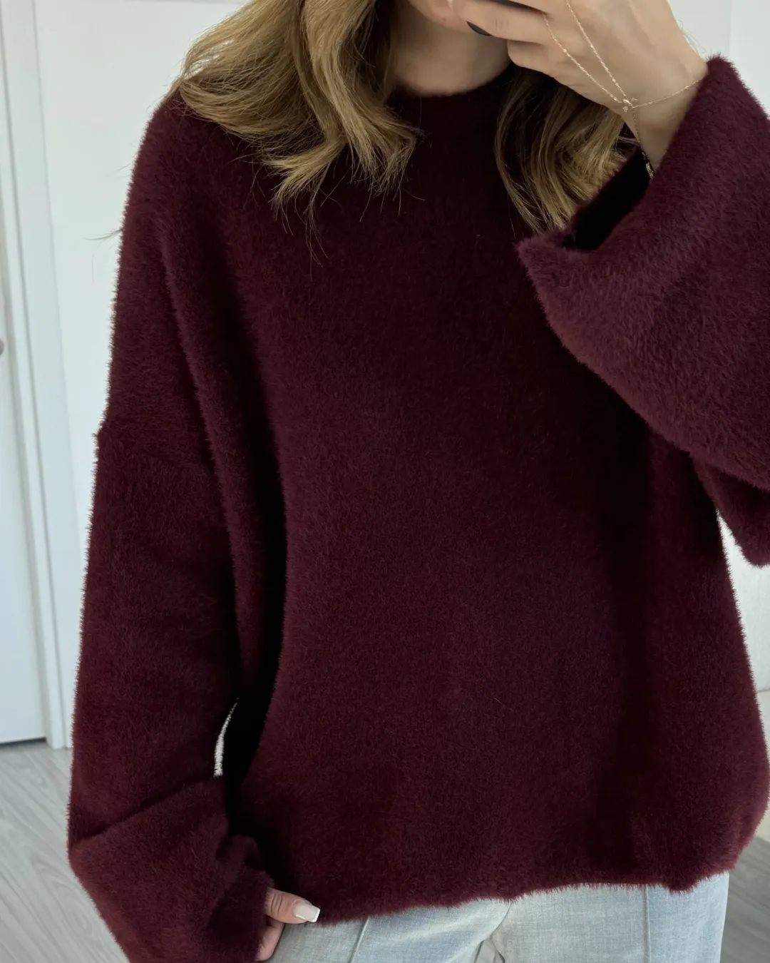 Claret Red Wide Sleeve Bearded Oversize Sweater