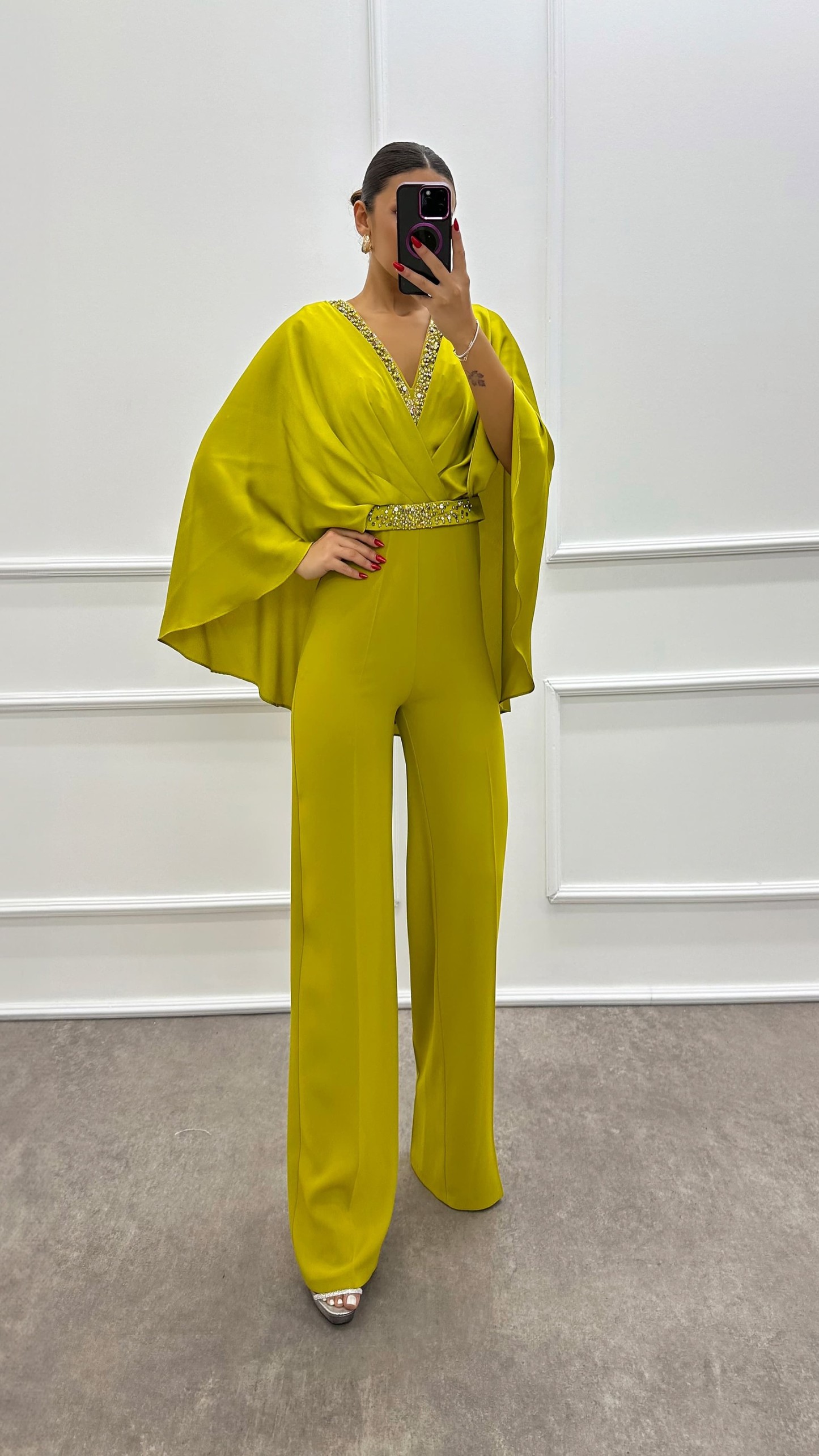 INDIGO DOUBLE-BREASTED COLLAR CAPE STONE JUMPSUIT