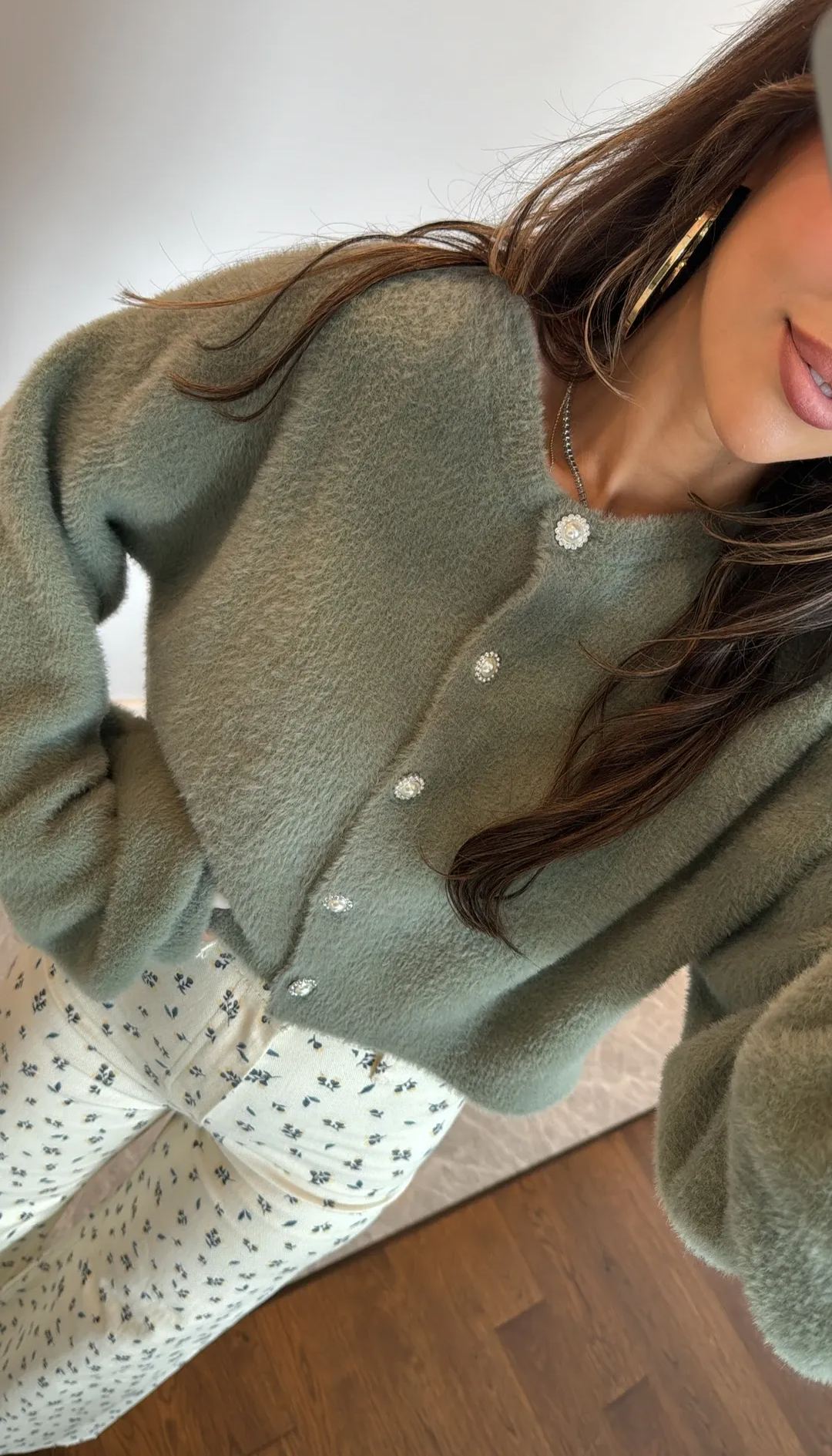 Green Stone Button Detailed Cardigan
