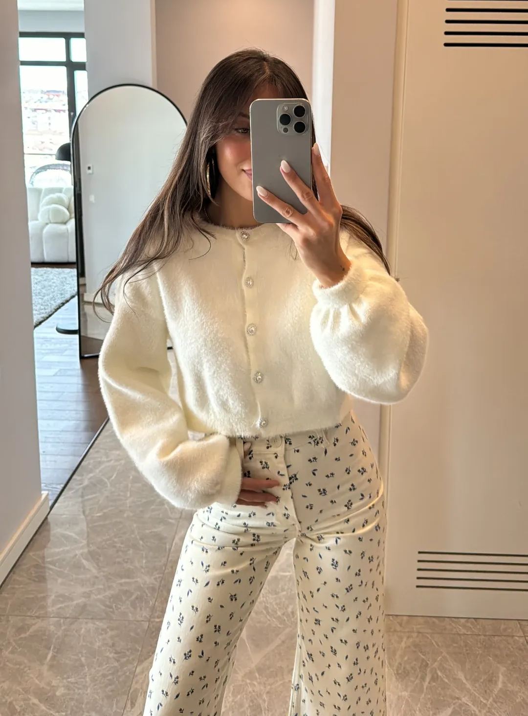 Ecru Stone Button Detailed Cardigan