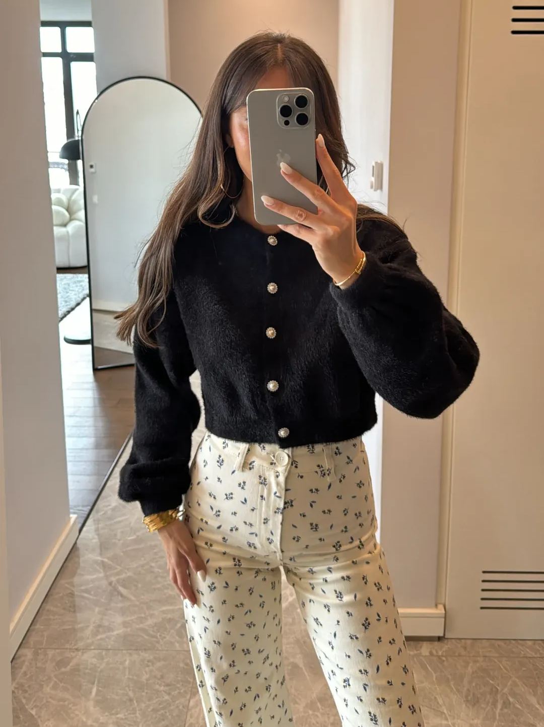 Black Stone Button Detailed Cardigan