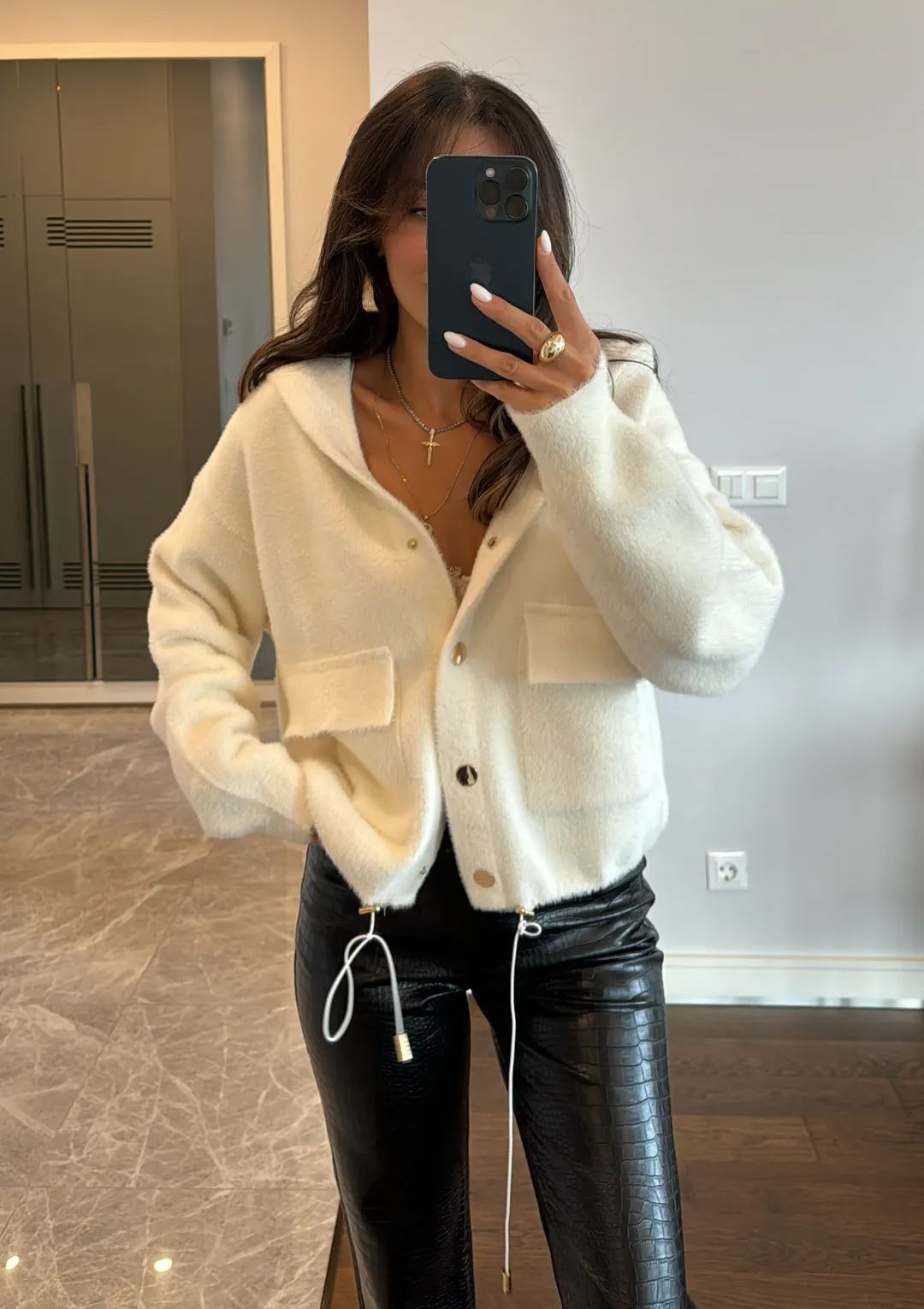 Hooded Ecru Buttoned Cardigan