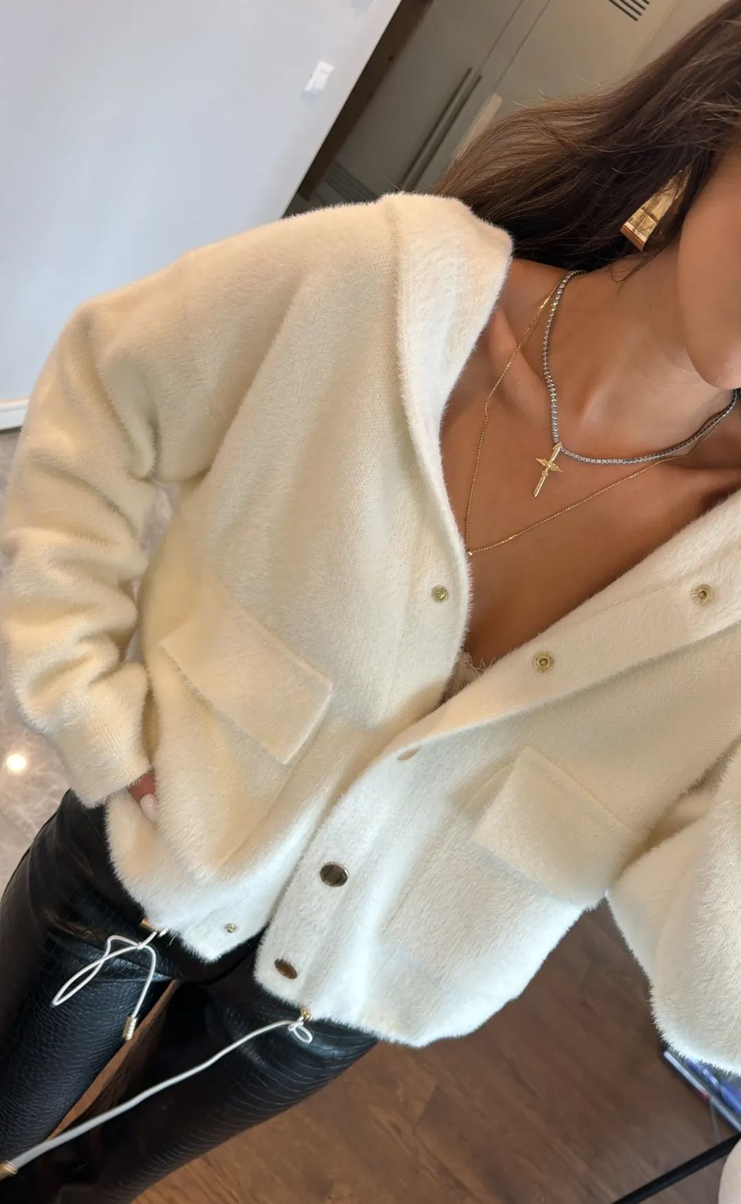 Hooded Ecru Buttoned Cardigan