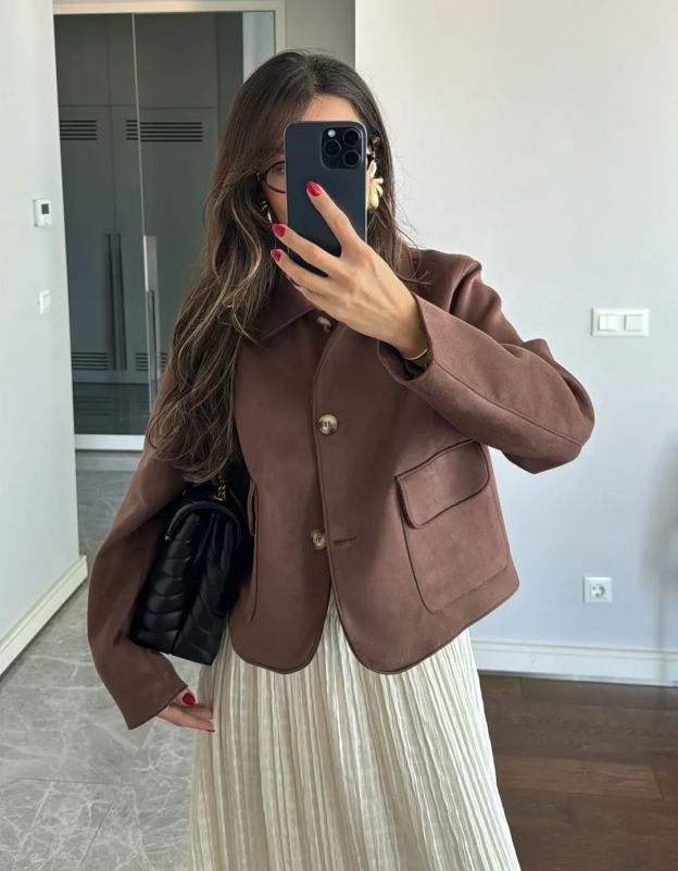 Bitter Brown Large Pocket Detailed Suede Jacket