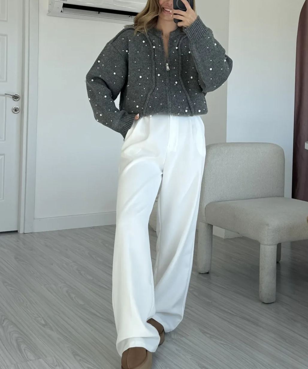 Anthracite Pearled Wool Cardigan