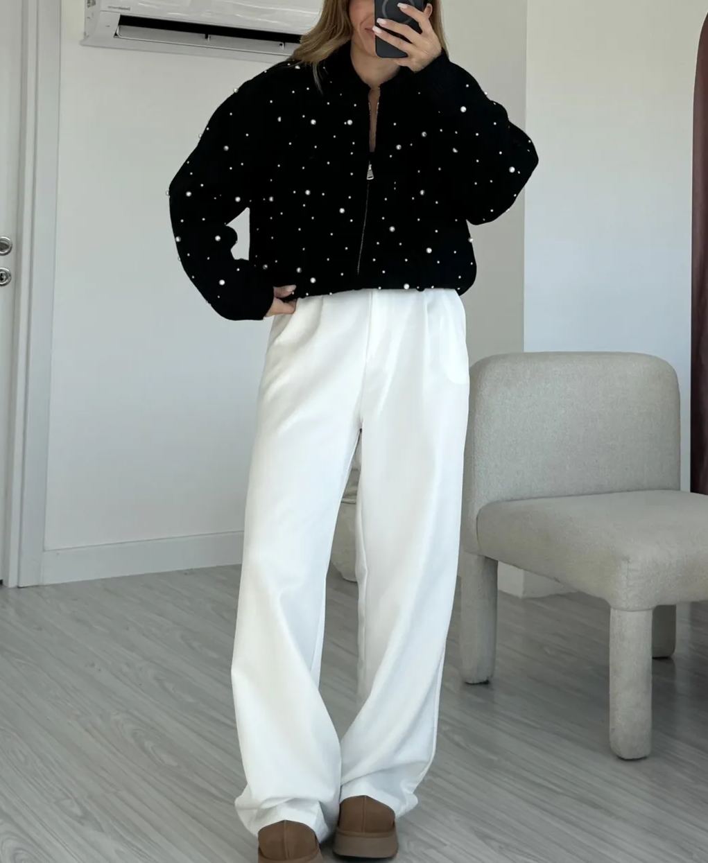 Black Pearled Wool Cardigan