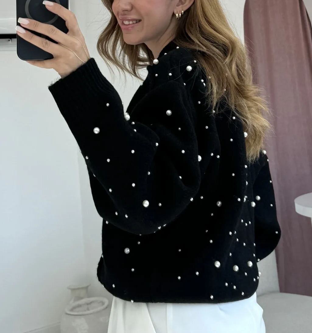 Black Pearled Wool Cardigan