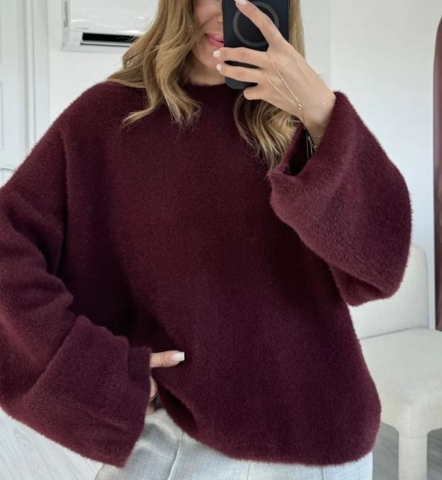Claret Red Wide Sleeve Bearded Oversize Sweater
