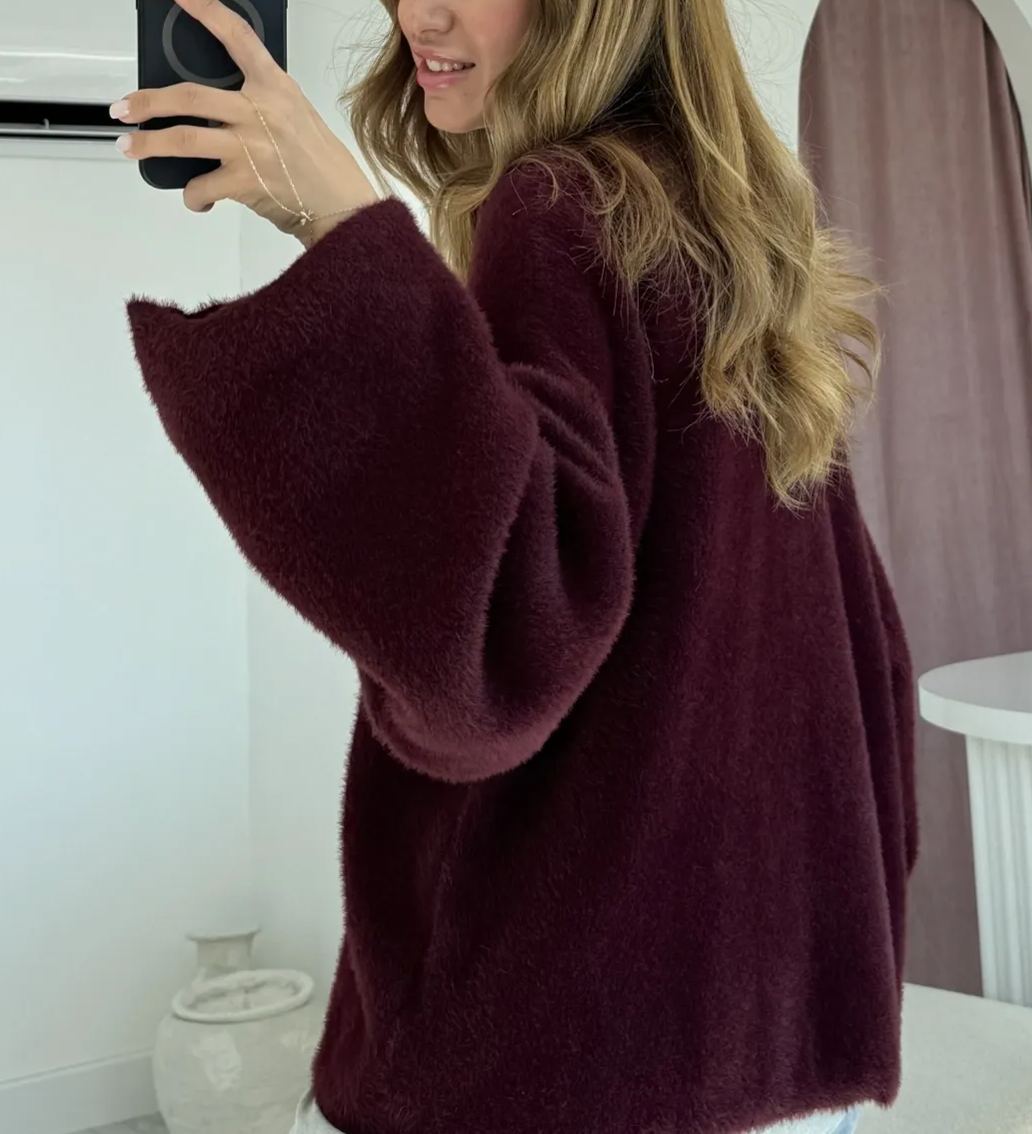 Claret Red Wide Sleeve Bearded Oversize Sweater